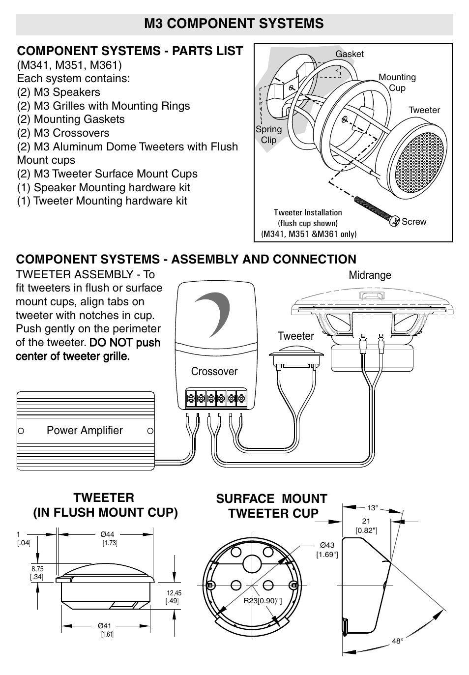 M3 component systems, Component systems - parts list, Component systems - assembly and connection | Tweeter (in flush mount cup), Surface mount tweeter cup, Crossover tweeter midrange power amplifier | Diamond Audio Technology M331I - M341I User Manual | Page 5 / 12