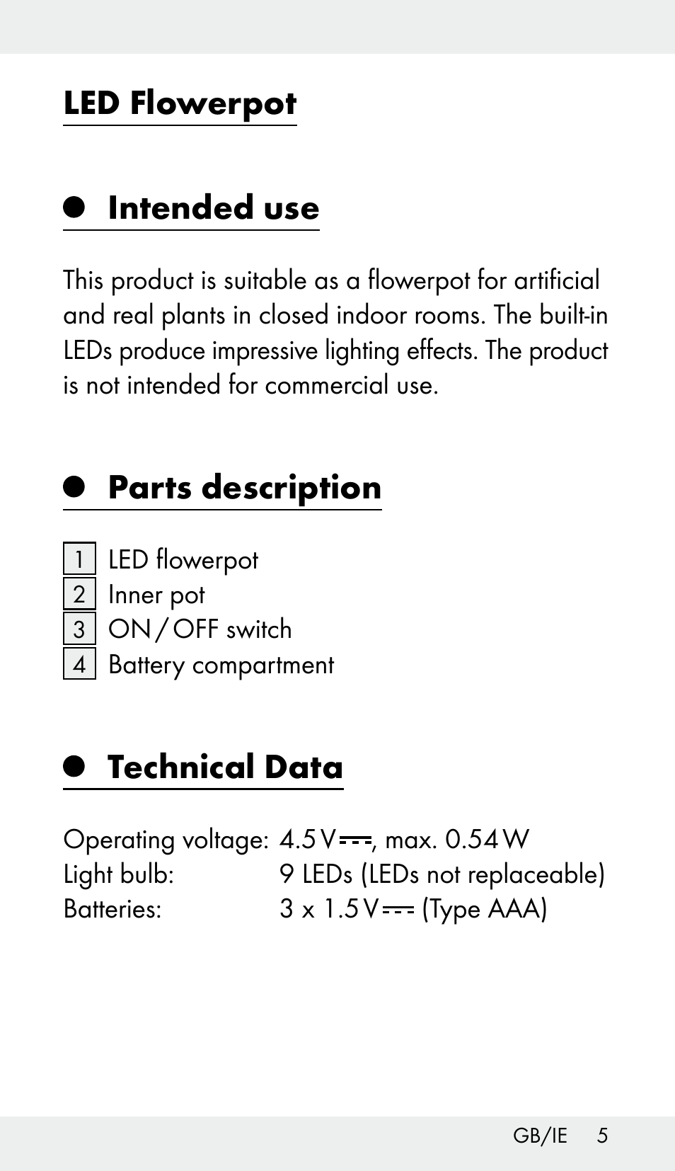 Led flowerpot intended use, Parts description, Technical data | Melinera Z31959 User Manual | Page 5 / 13