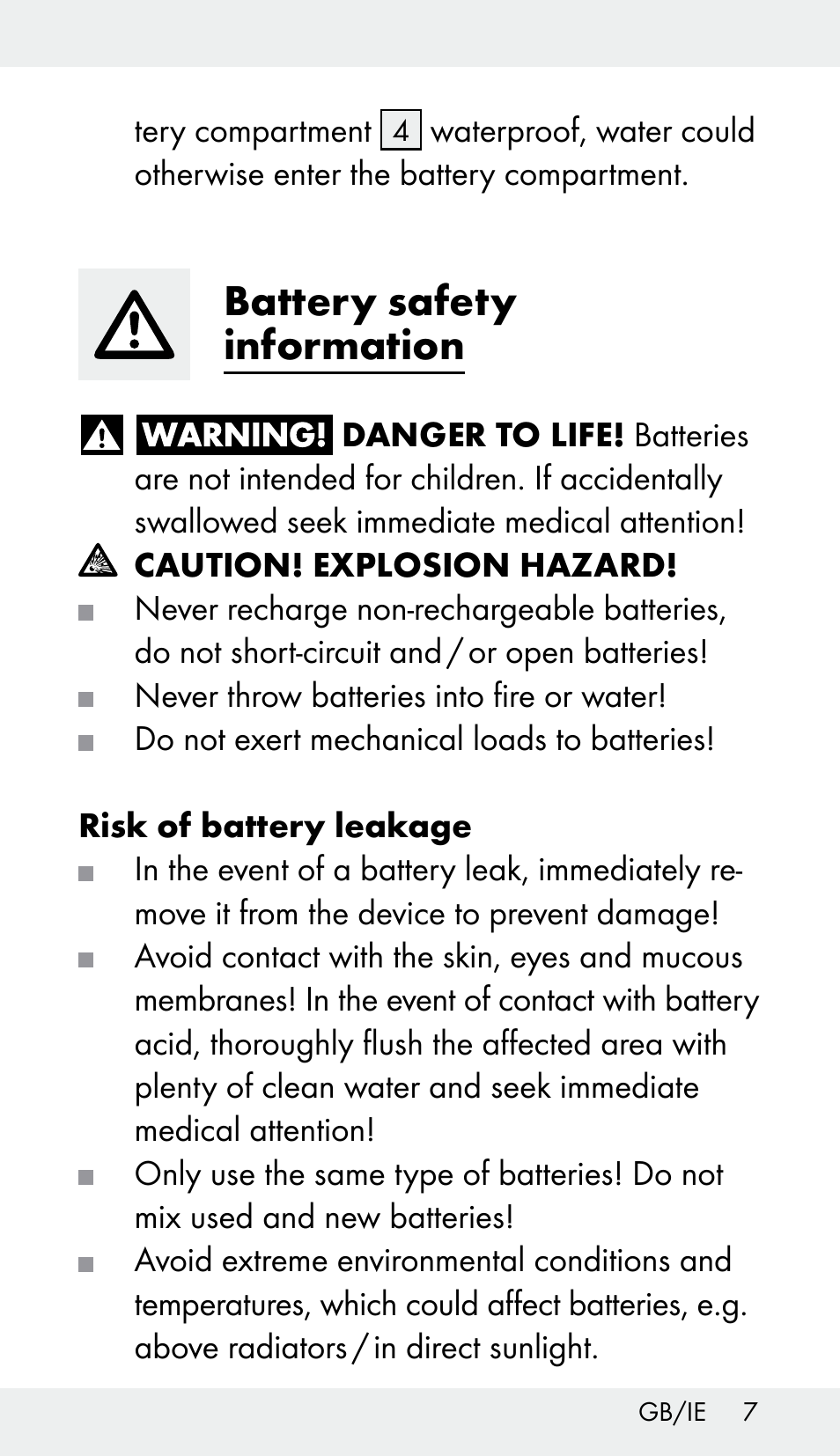 Battery safety information | Melinera Z31959 User Manual | Page 7 / 13