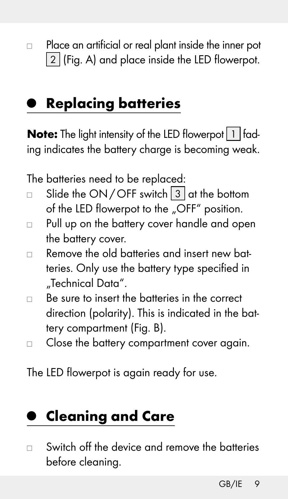 Replacing batteries, Cleaning and care | Melinera Z31959 User Manual | Page 9 / 13