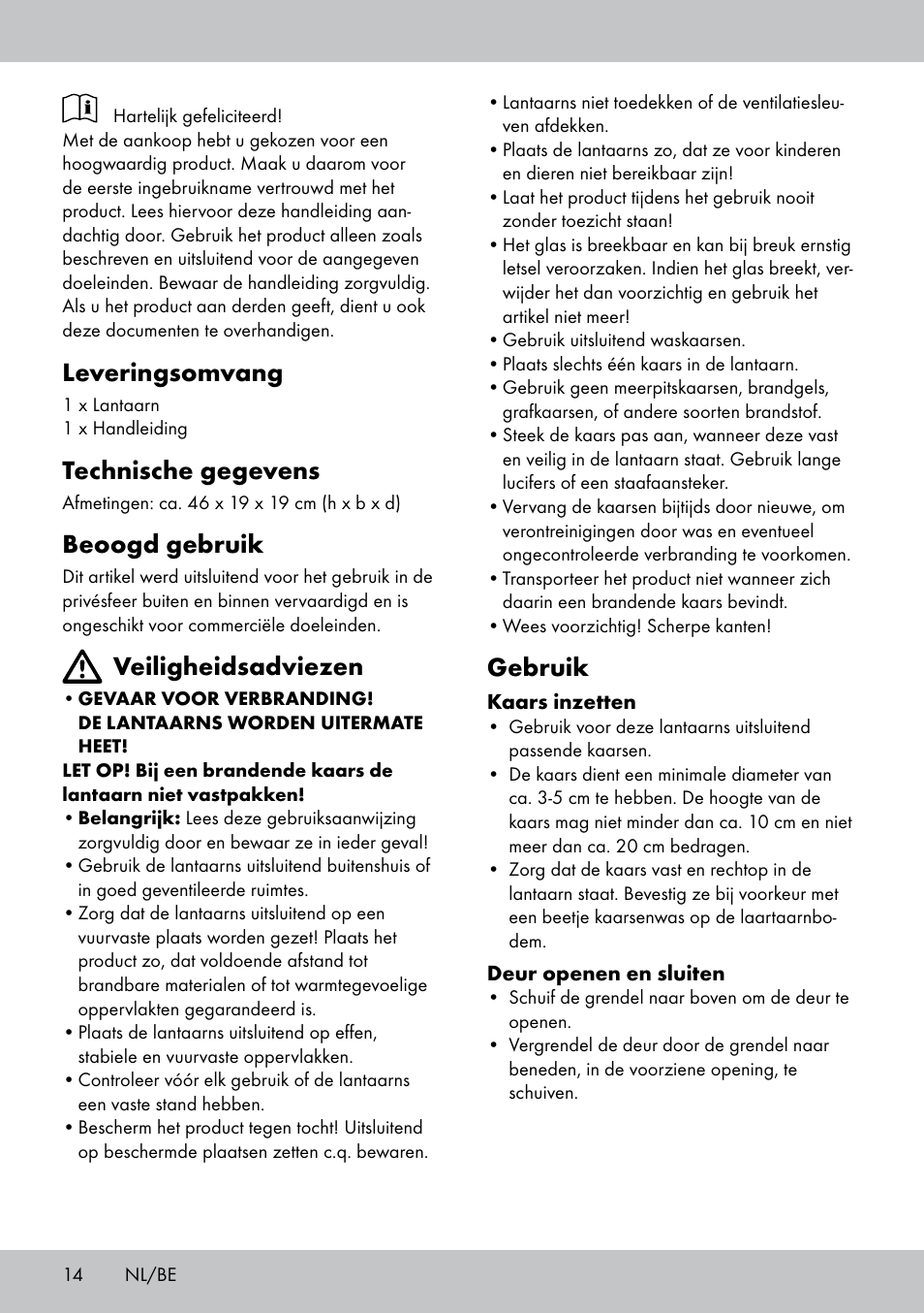 Leveringsomvang, Technische gegevens, Beoogd gebruik | Veiligheidsadviezen, Gebruik | Melinera BL-1831 User Manual | Page 14 / 20