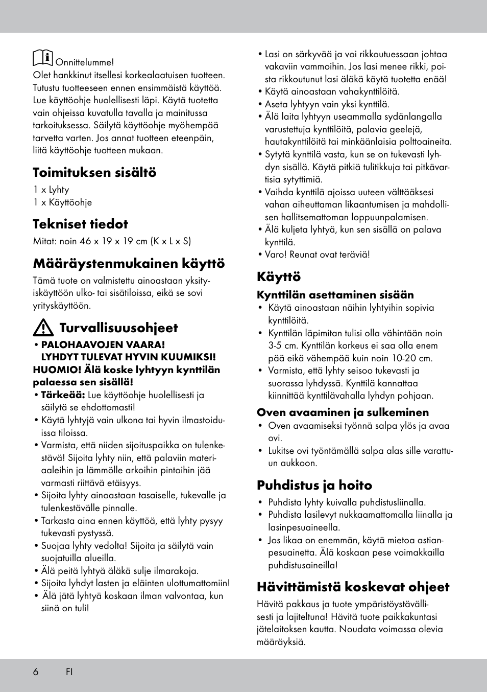 Toimituksen sisältö, Tekniset tiedot, Määräystenmukainen käyttö | Turvallisuusohjeet, Käyttö, Puhdistus ja hoito, Hävittämistä koskevat ohjeet | Melinera BL-1831 User Manual | Page 6 / 20