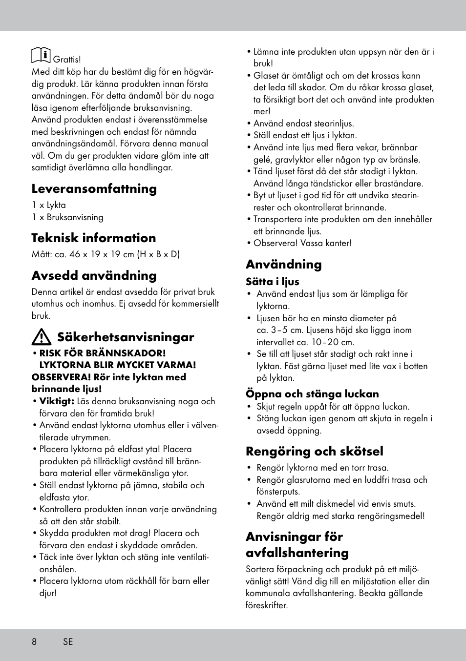Leveransomfattning, Teknisk information, Avsedd användning | Säkerhetsanvisningar, Användning, Rengöring och skötsel, Anvisningar för avfallshantering | Melinera BL-1831 User Manual | Page 8 / 20