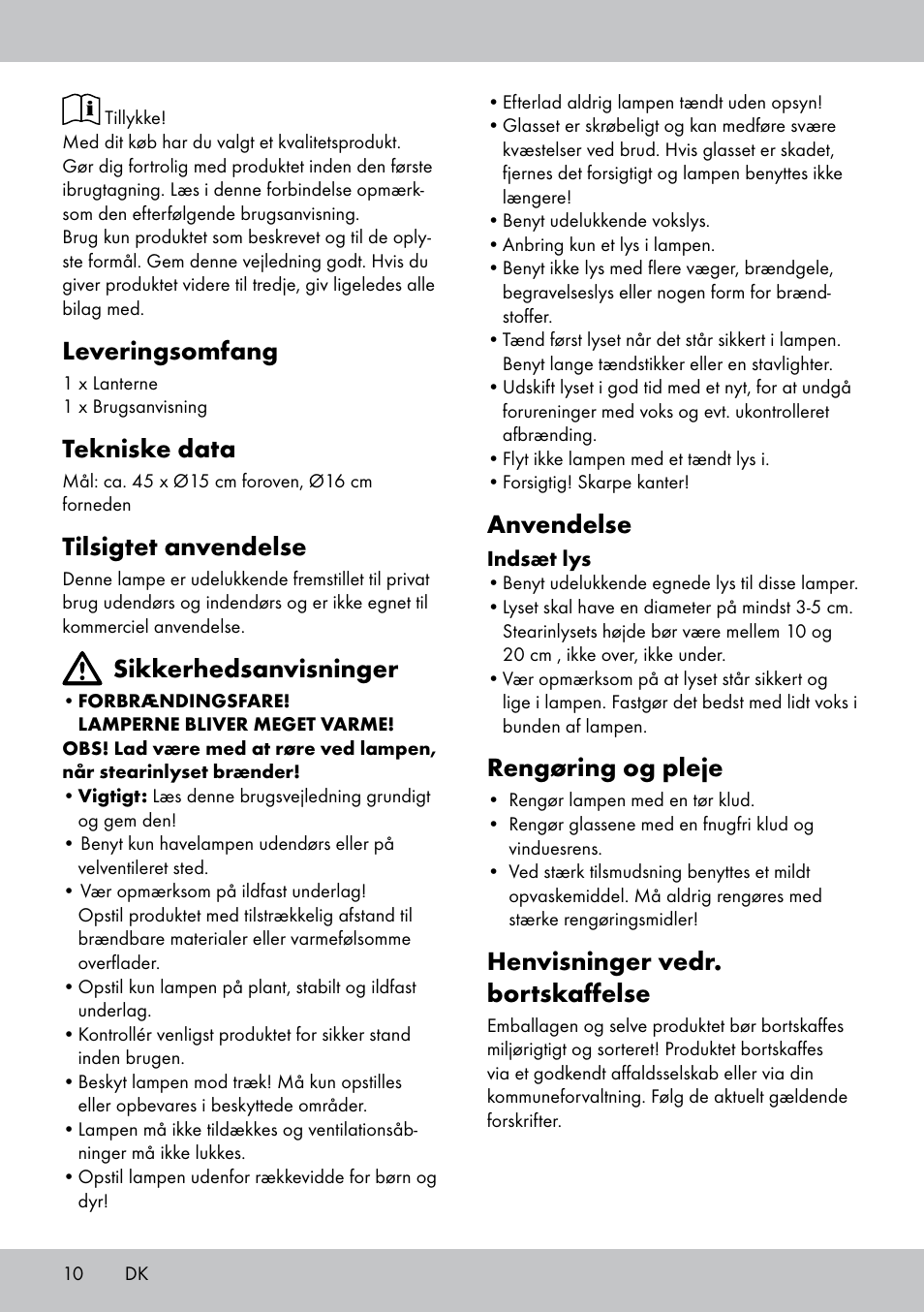 Leveringsomfang, Tekniske data, Tilsigtet anvendelse | Sikkerhedsanvisninger, Anvendelse, Rengøring og pleje, Henvisninger vedr. bortskaffelse | Melinera BL-1832 User Manual | Page 10 / 20