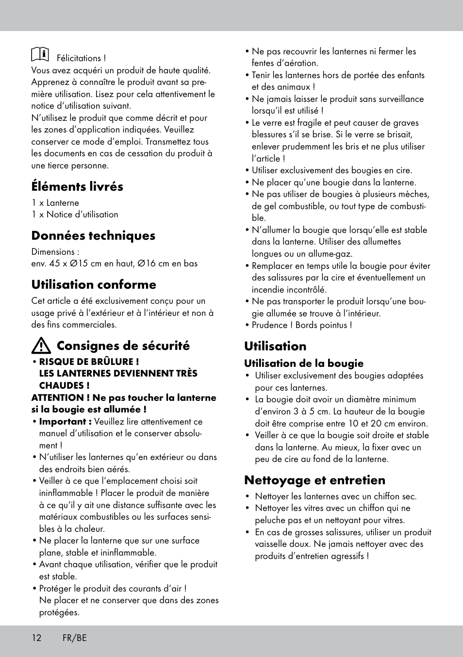 Éléments livrés, Données techniques, Utilisation conforme | Consignes de sécurité, Utilisation, Nettoyage et entretien | Melinera BL-1832 User Manual | Page 12 / 20