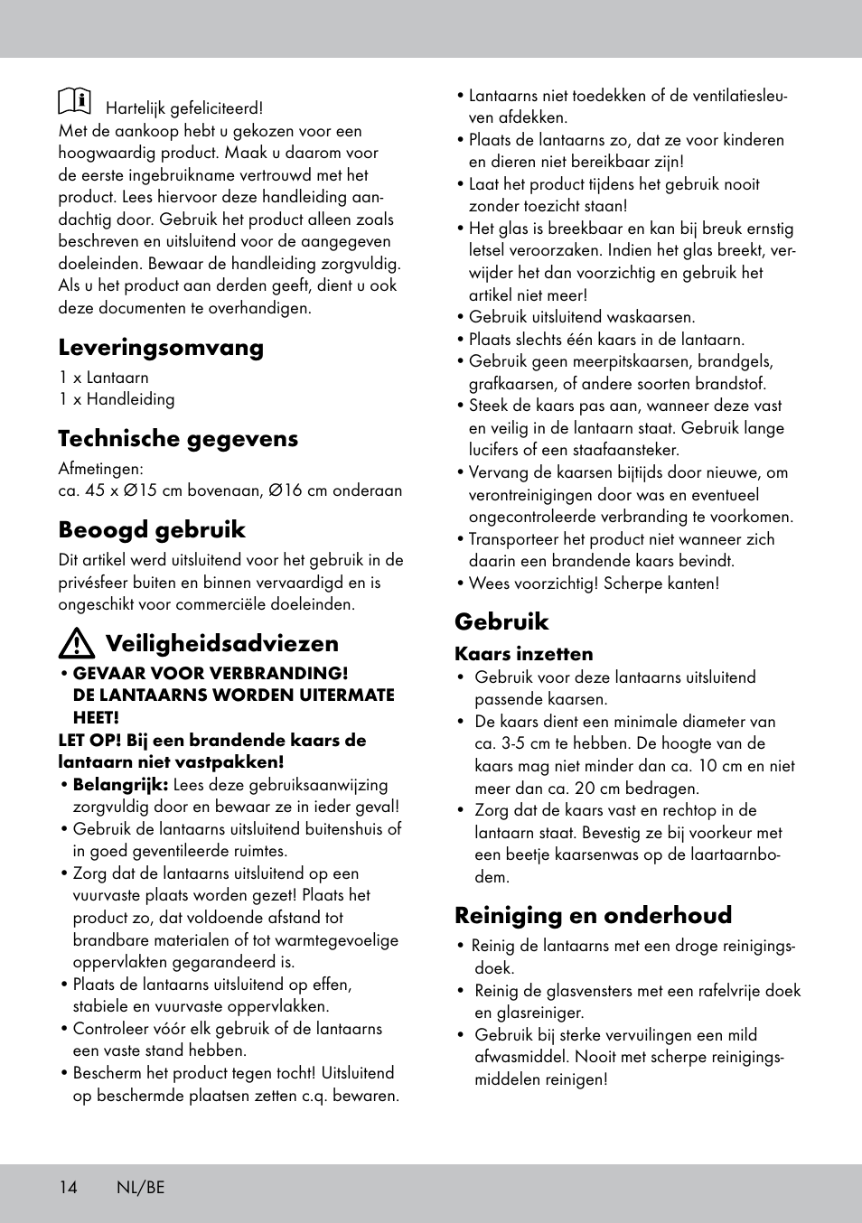 Leveringsomvang, Technische gegevens, Beoogd gebruik | Veiligheidsadviezen, Gebruik, Reiniging en onderhoud | Melinera BL-1832 User Manual | Page 14 / 20