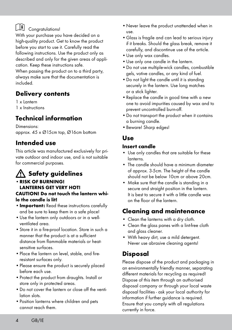 Delivery contents, Technical information, Intended use | Safety guidelines, Cleaning and maintenance, Disposal | Melinera BL-1832 User Manual | Page 4 / 20