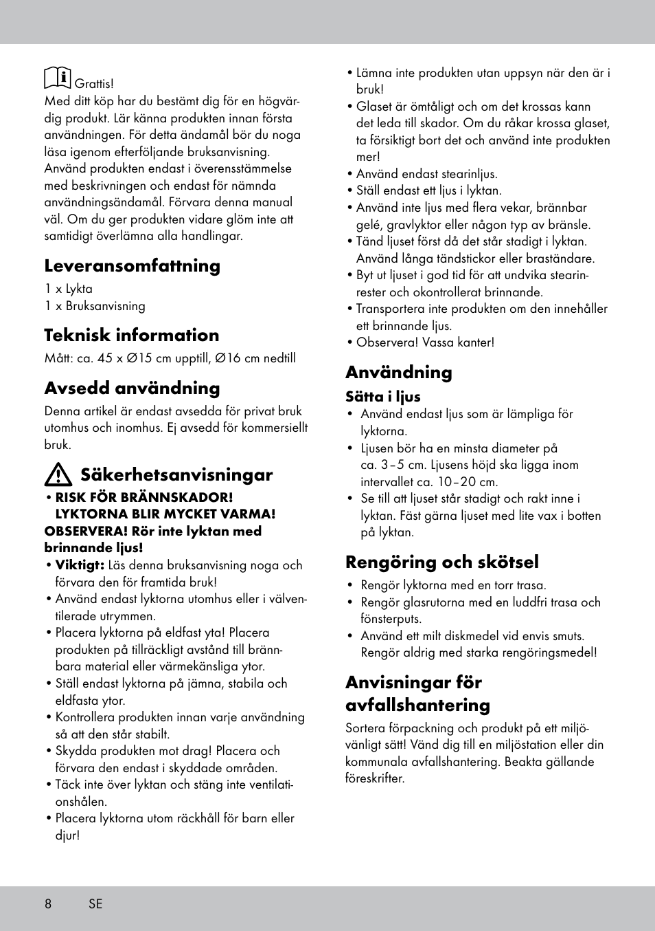 Leveransomfattning, Teknisk information, Avsedd användning | Säkerhetsanvisningar, Användning, Rengöring och skötsel, Anvisningar för avfallshantering | Melinera BL-1832 User Manual | Page 8 / 20