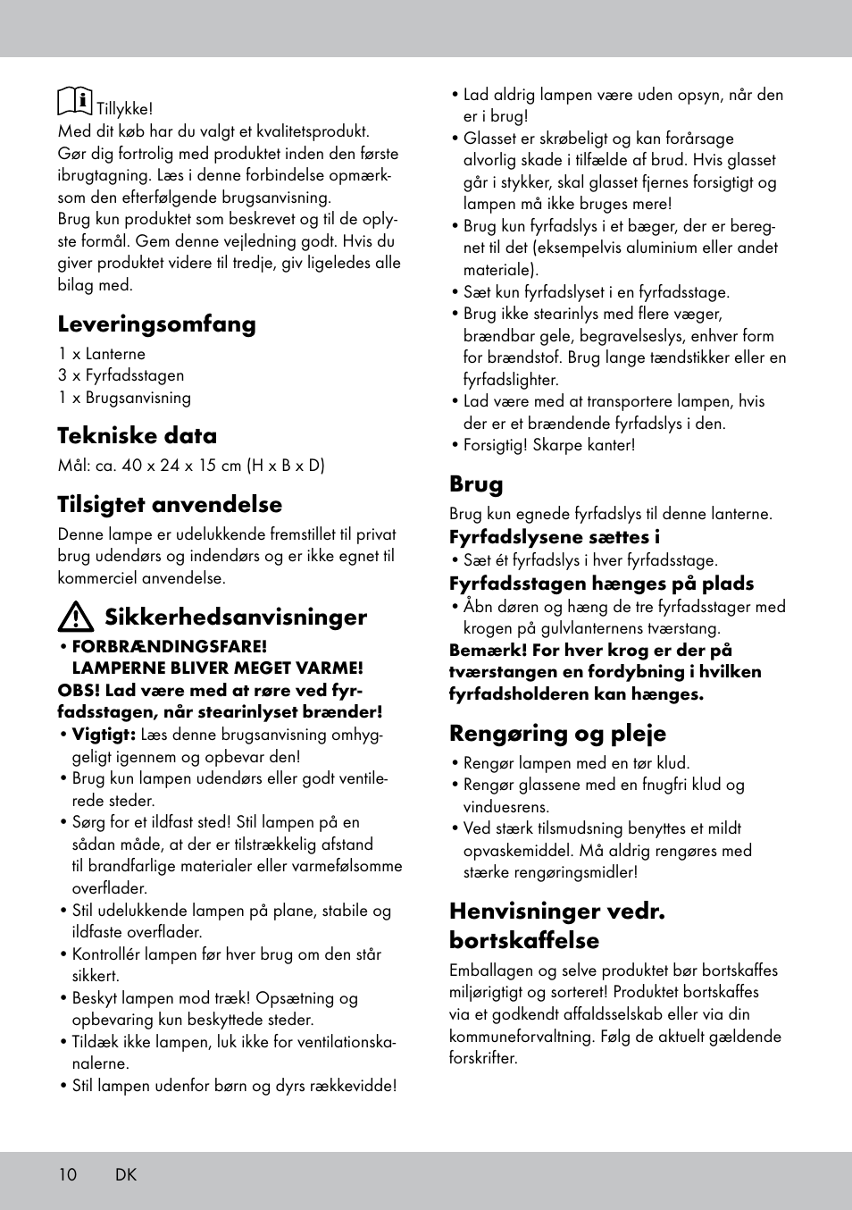 Leveringsomfang, Tekniske data, Tilsigtet anvendelse | Sikkerhedsanvisninger, Brug, Rengøring og pleje, Henvisninger vedr. bortskaffelse | Melinera BL-1833 User Manual | Page 10 / 20