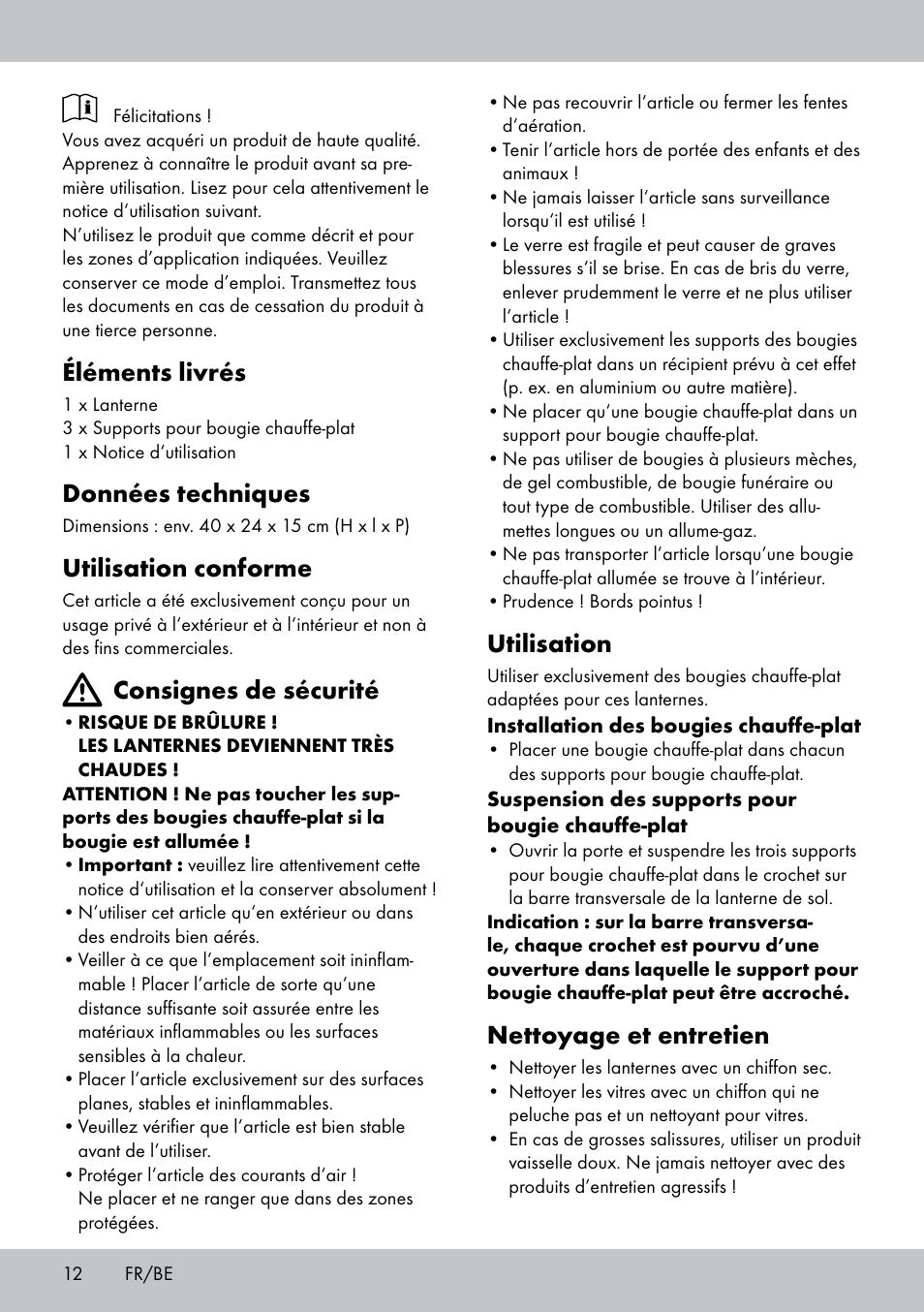 Éléments livrés, Données techniques, Utilisation conforme | Consignes de sécurité, Utilisation, Nettoyage et entretien | Melinera BL-1833 User Manual | Page 12 / 20