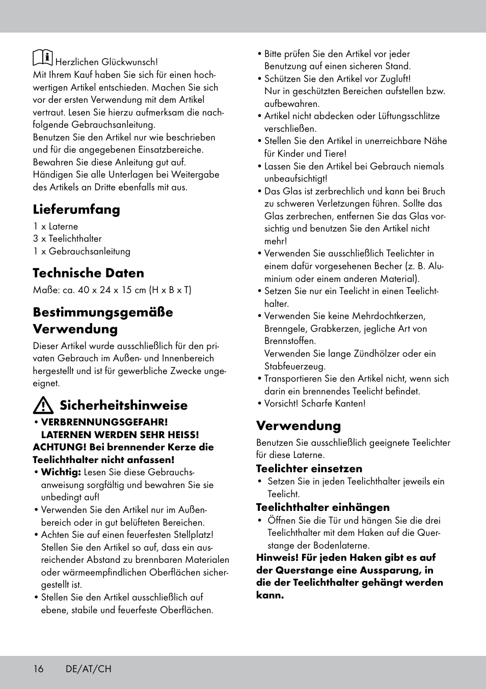 Lieferumfang, Technische daten, Bestimmungsgemäße verwendung | Sicherheitshinweise, Verwendung | Melinera BL-1833 User Manual | Page 16 / 20