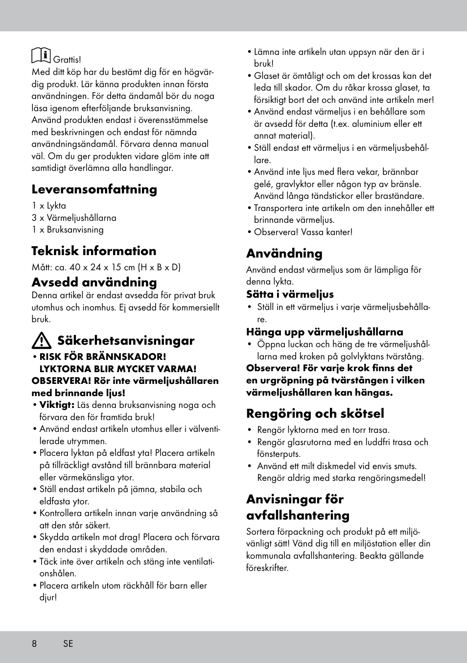 Leveransomfattning, Teknisk information, Avsedd användning | Säkerhetsanvisningar, Användning, Rengöring och skötsel, Anvisningar för avfallshantering | Melinera BL-1833 User Manual | Page 8 / 20