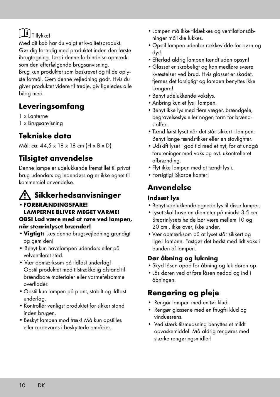 Leveringsomfang, Tekniske data, Tilsigtet anvendelse | Sikkerhedsanvisninger, Anvendelse, Rengøring og pleje | Melinera BL-1834 User Manual | Page 10 / 20