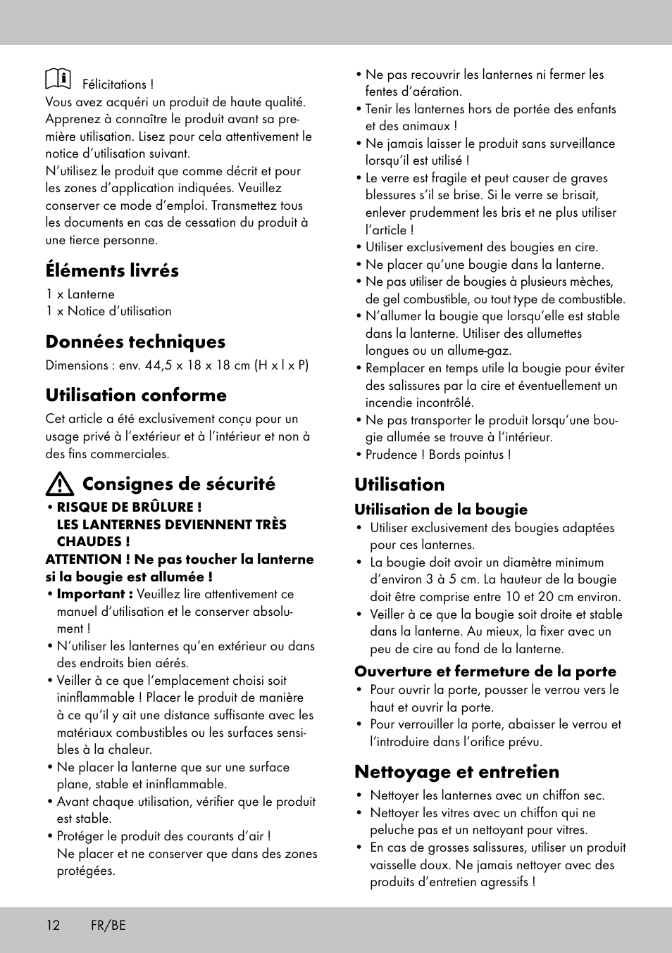 Éléments livrés, Données techniques, Utilisation conforme | Consignes de sécurité, Utilisation, Nettoyage et entretien | Melinera BL-1834 User Manual | Page 12 / 20