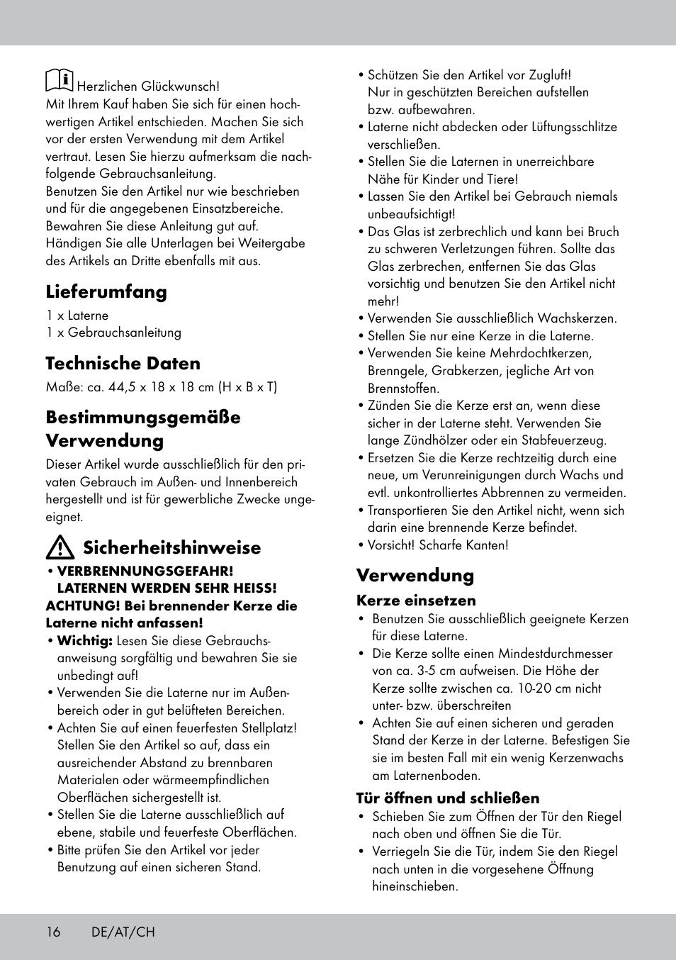 Lieferumfang, Technische daten, Bestimmungsgemäße verwendung | Sicherheitshinweise, Verwendung | Melinera BL-1834 User Manual | Page 16 / 20