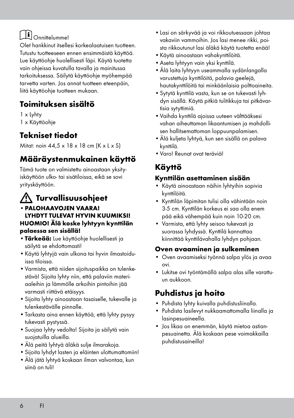 Toimituksen sisältö, Tekniset tiedot, Määräystenmukainen käyttö | Turvallisuusohjeet, Käyttö, Puhdistus ja hoito | Melinera BL-1834 User Manual | Page 6 / 20