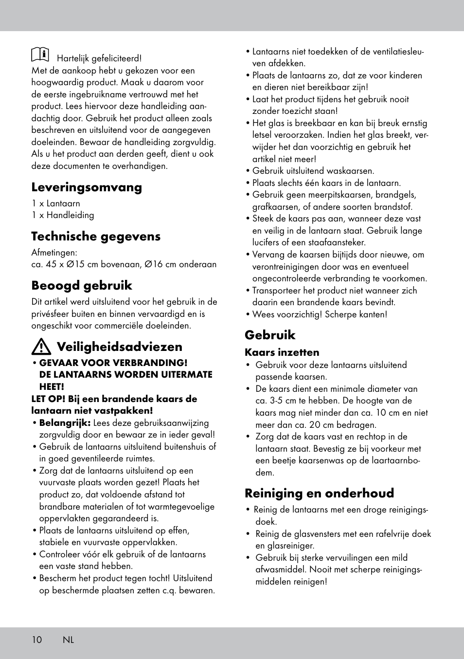 Leveringsomvang, Technische gegevens, Beoogd gebruik | Veiligheidsadviezen, Gebruik, Reiniging en onderhoud | Melinera BL-1832 User Manual | Page 10 / 16