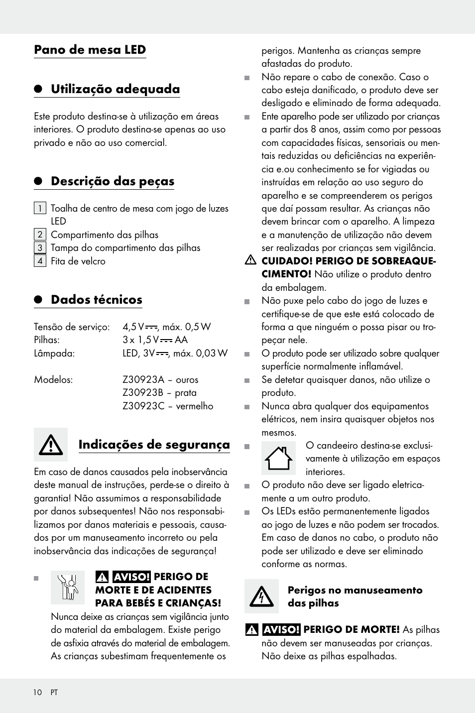 Pano de mesa led utilização adequada, Descrição das peças, Dados técnicos | Indicações de segurança | Melinera Z30923A/Z30923B/Z30923C User Manual | Page 10 / 19