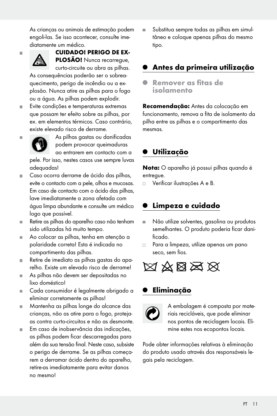 Utilização, Limpeza e cuidado, Eliminação | Melinera Z30923A/Z30923B/Z30923C User Manual | Page 11 / 19