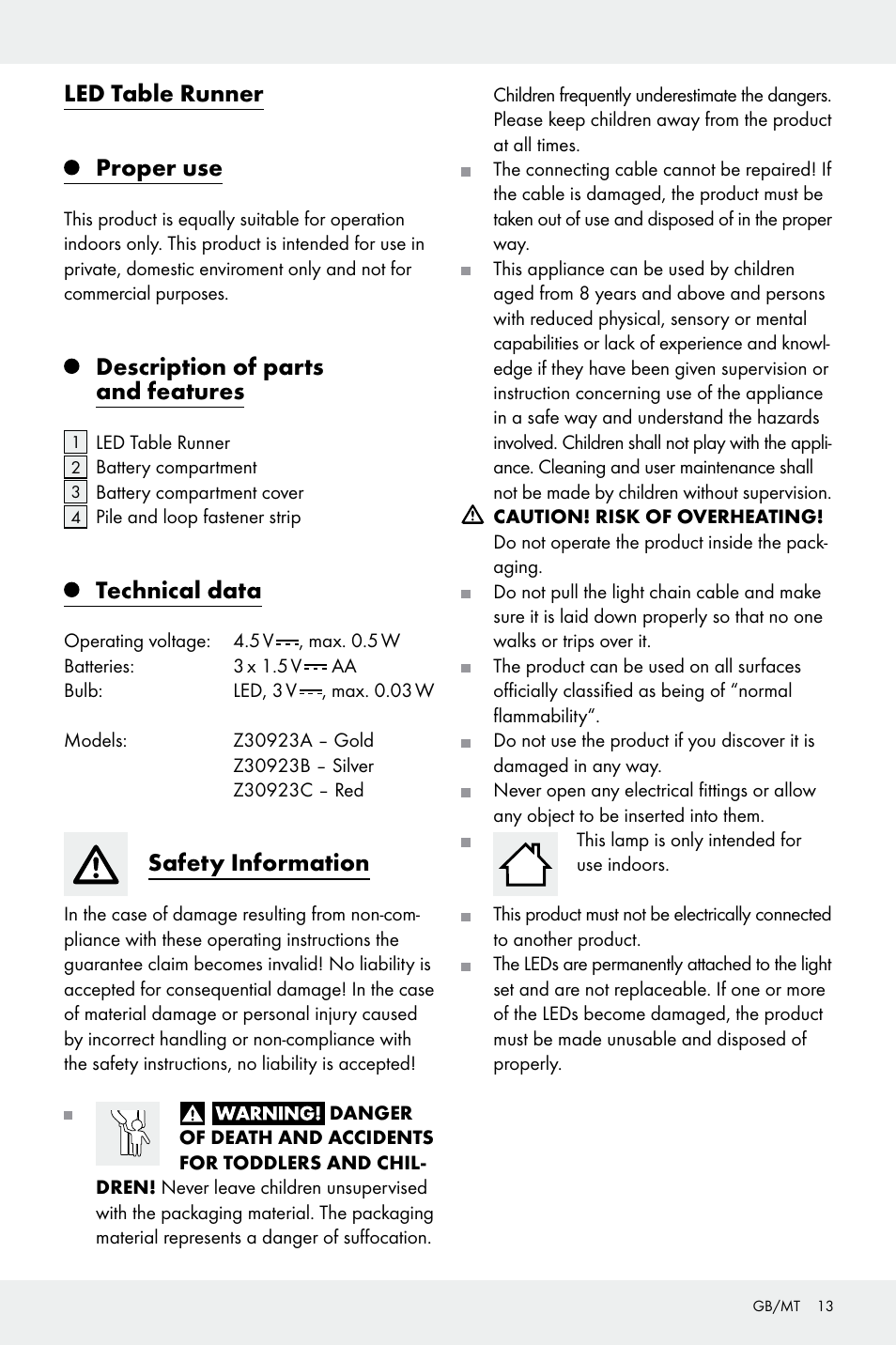 Led table runner proper use, Description of parts and features, Technical data | Safety information | Melinera Z30923A/Z30923B/Z30923C User Manual | Page 13 / 19
