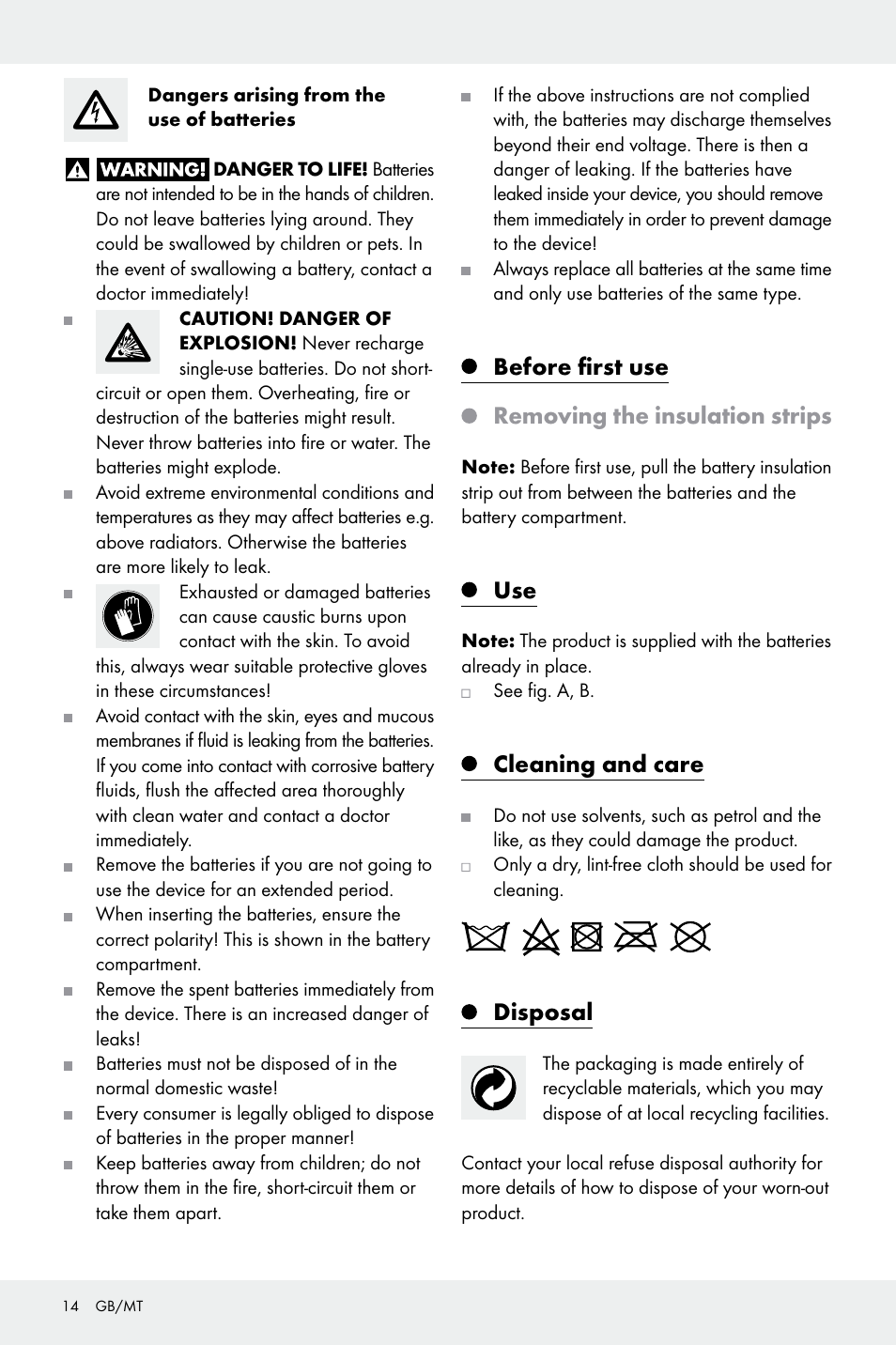 Before first use removing the insulation strips, Cleaning and care, Disposal | Melinera Z30923A/Z30923B/Z30923C User Manual | Page 14 / 19
