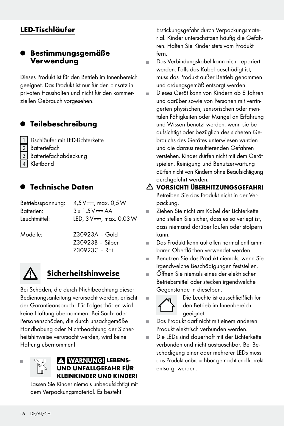 Led-tischläufer bestimmungsgemäße verwendung, Teilebeschreibung, Technische daten | Sicherheitshinweise | Melinera Z30923A/Z30923B/Z30923C User Manual | Page 16 / 19