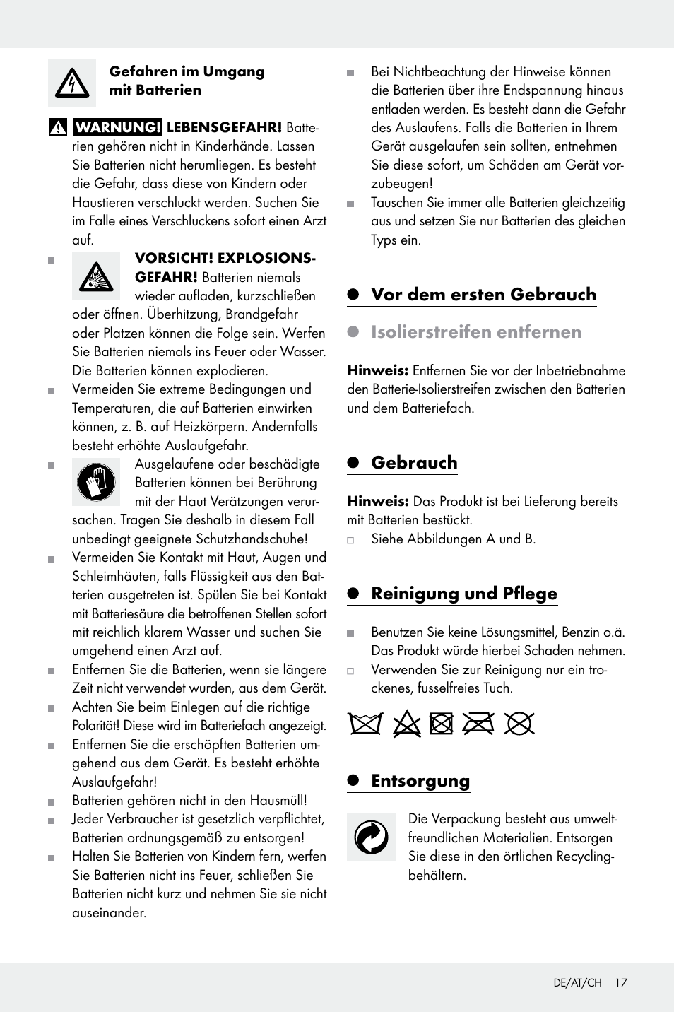 Vor dem ersten gebrauch isolierstreifen entfernen, Gebrauch, Reinigung und pflege | Entsorgung | Melinera Z30923A/Z30923B/Z30923C User Manual | Page 17 / 19