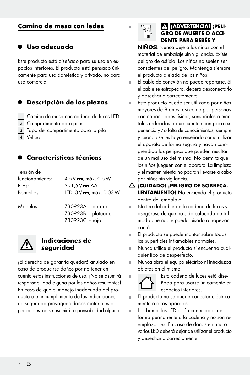 Camino de mesa con ledes uso adecuado, Descripción de las piezas, Características técnicas | Indicaciones de seguridad | Melinera Z30923A/Z30923B/Z30923C User Manual | Page 4 / 19