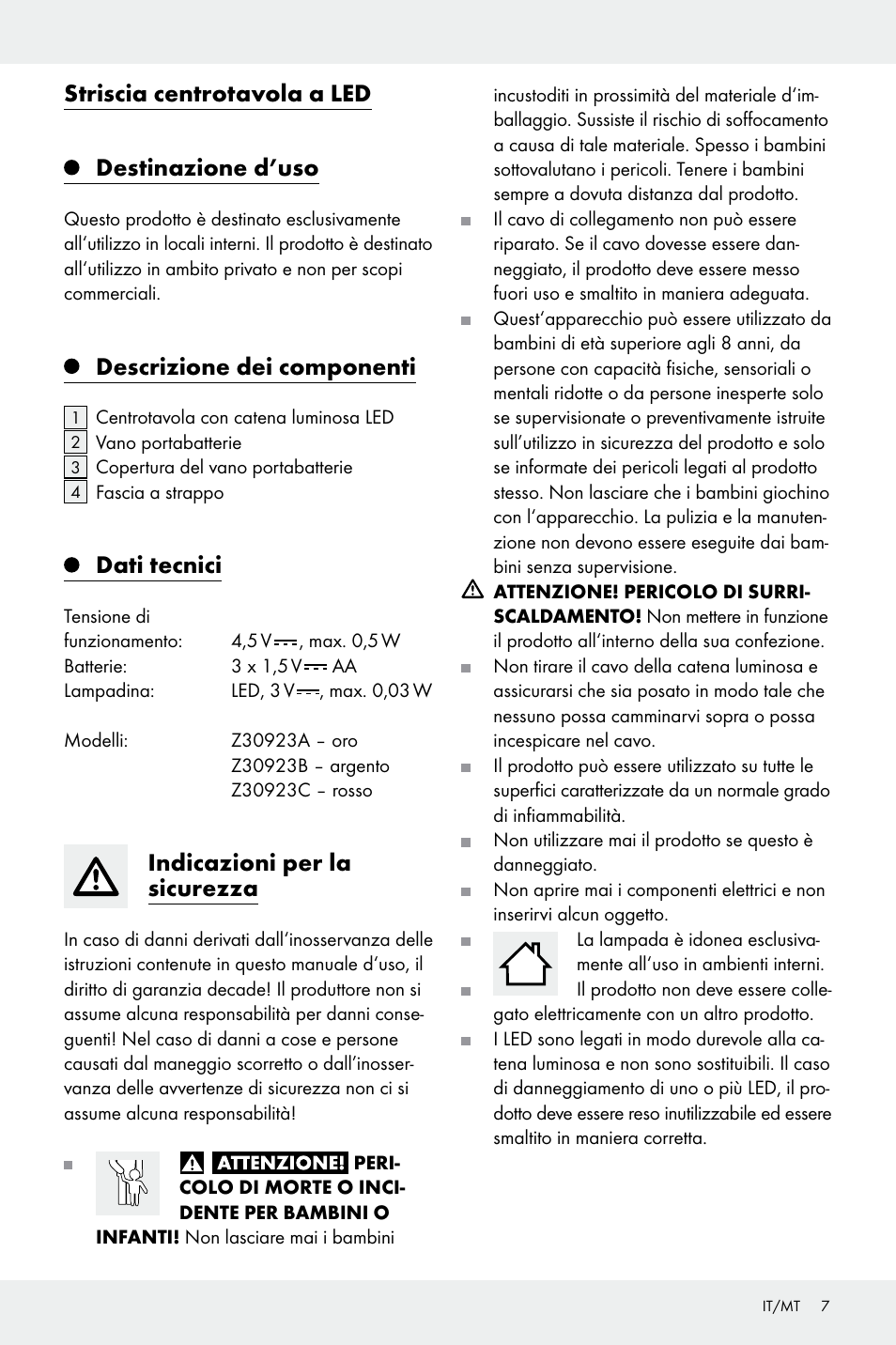 Striscia centrotavola a led destinazione d’uso, Descrizione dei componenti, Dati tecnici | Indicazioni per la sicurezza | Melinera Z30923A/Z30923B/Z30923C User Manual | Page 7 / 19