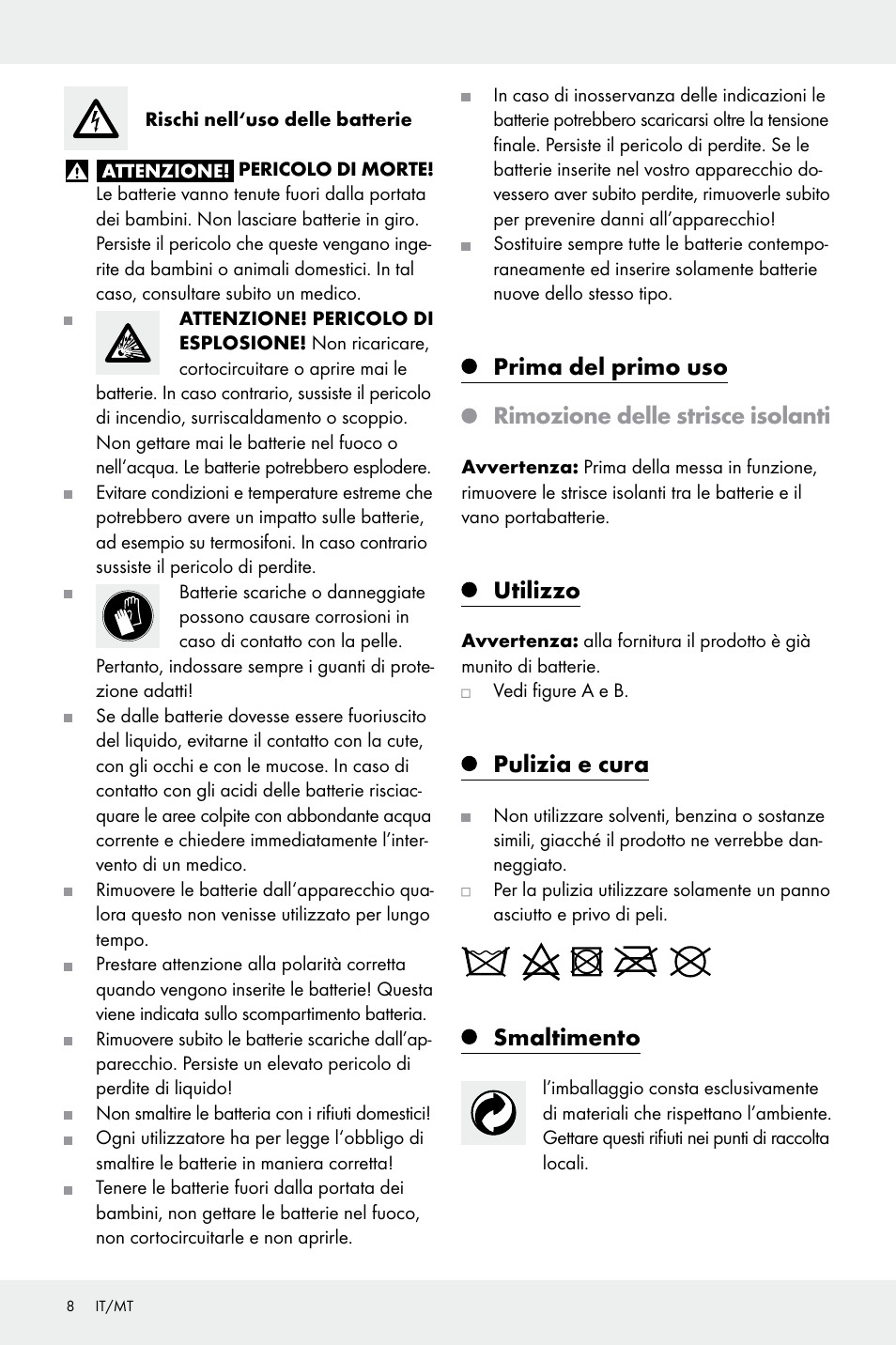 Utilizzo, Pulizia e cura, Smaltimento | Melinera Z30923A/Z30923B/Z30923C User Manual | Page 8 / 19