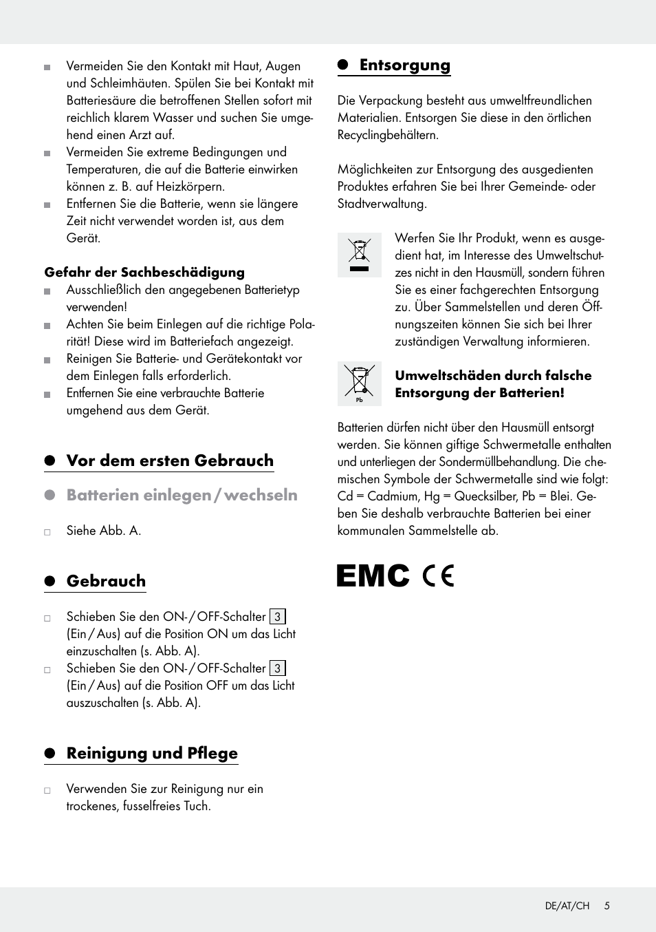Gebrauch, Reinigung und pflege, Entsorgung | Melinera Z31634A/Z31634B User Manual | Page 5 / 10