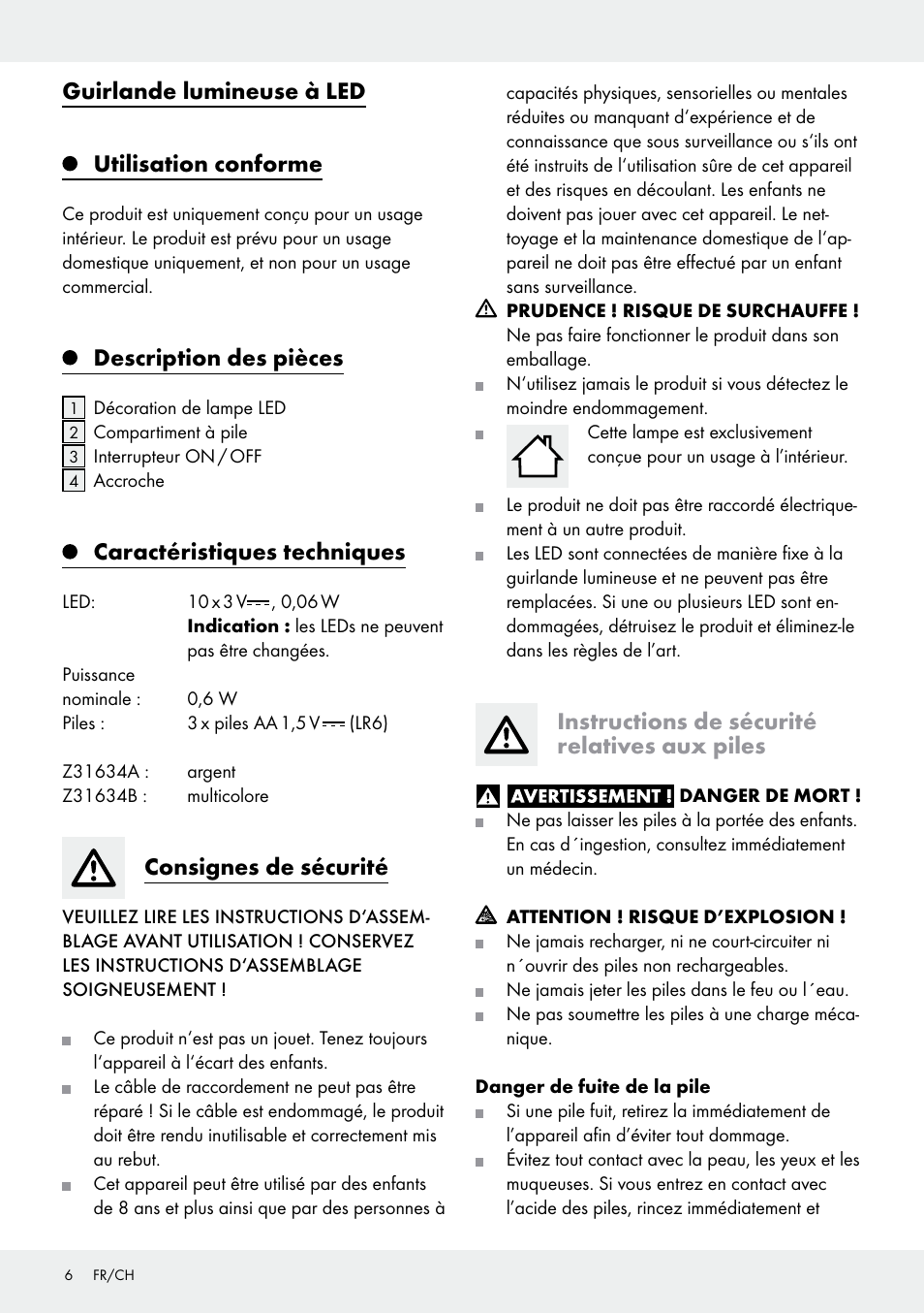 Guirlande lumineuse à led utilisation conforme, Description des pièces, Caractéristiques techniques | Consignes de sécurité, Instructions de sécurité relatives aux piles | Melinera Z31634A/Z31634B User Manual | Page 6 / 10