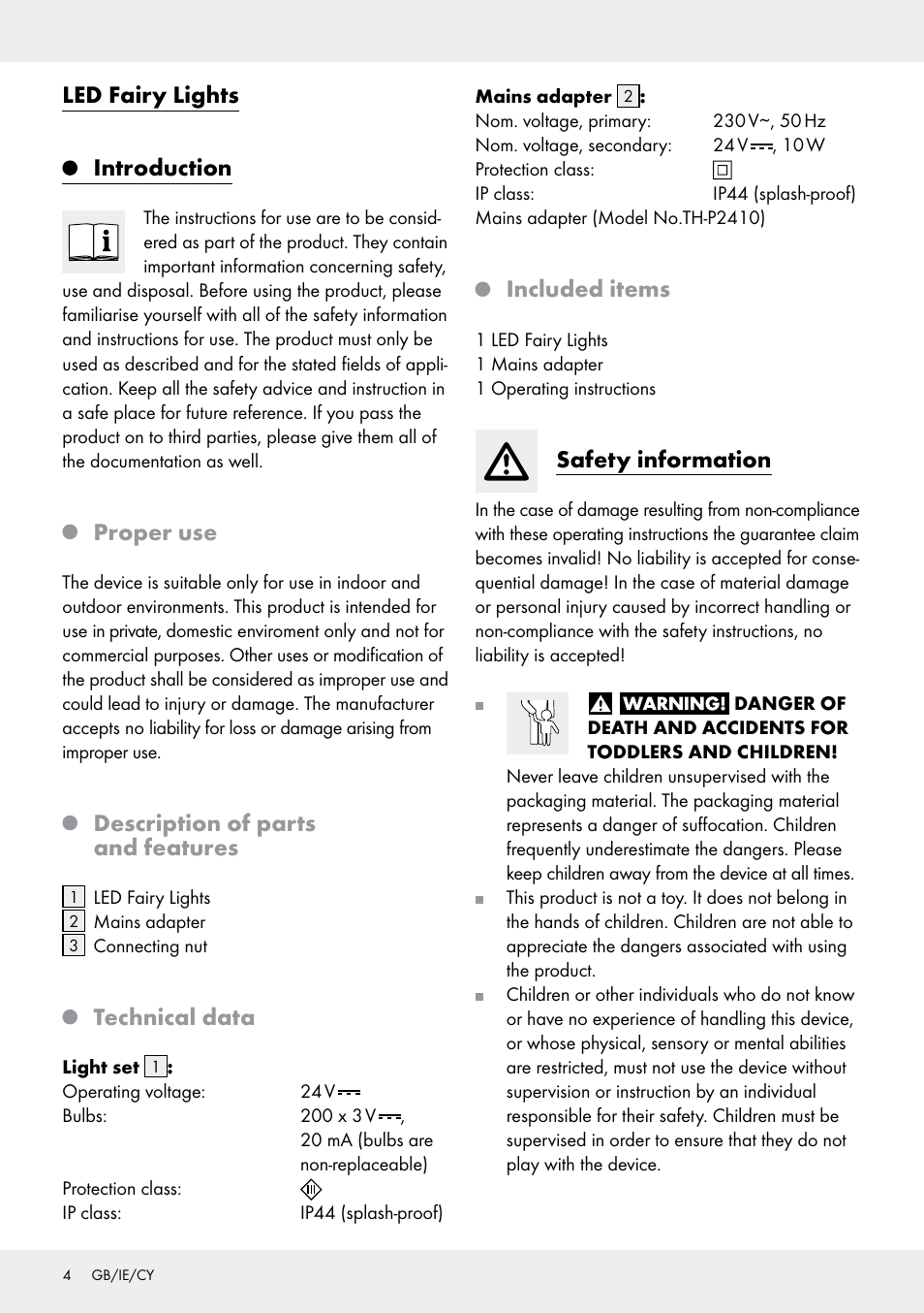 Led fairy lights, Introduction, Proper use | Description of parts and features, Technical data, Included items, Safety information | Melinera Z30251-BS User Manual | Page 4 / 10