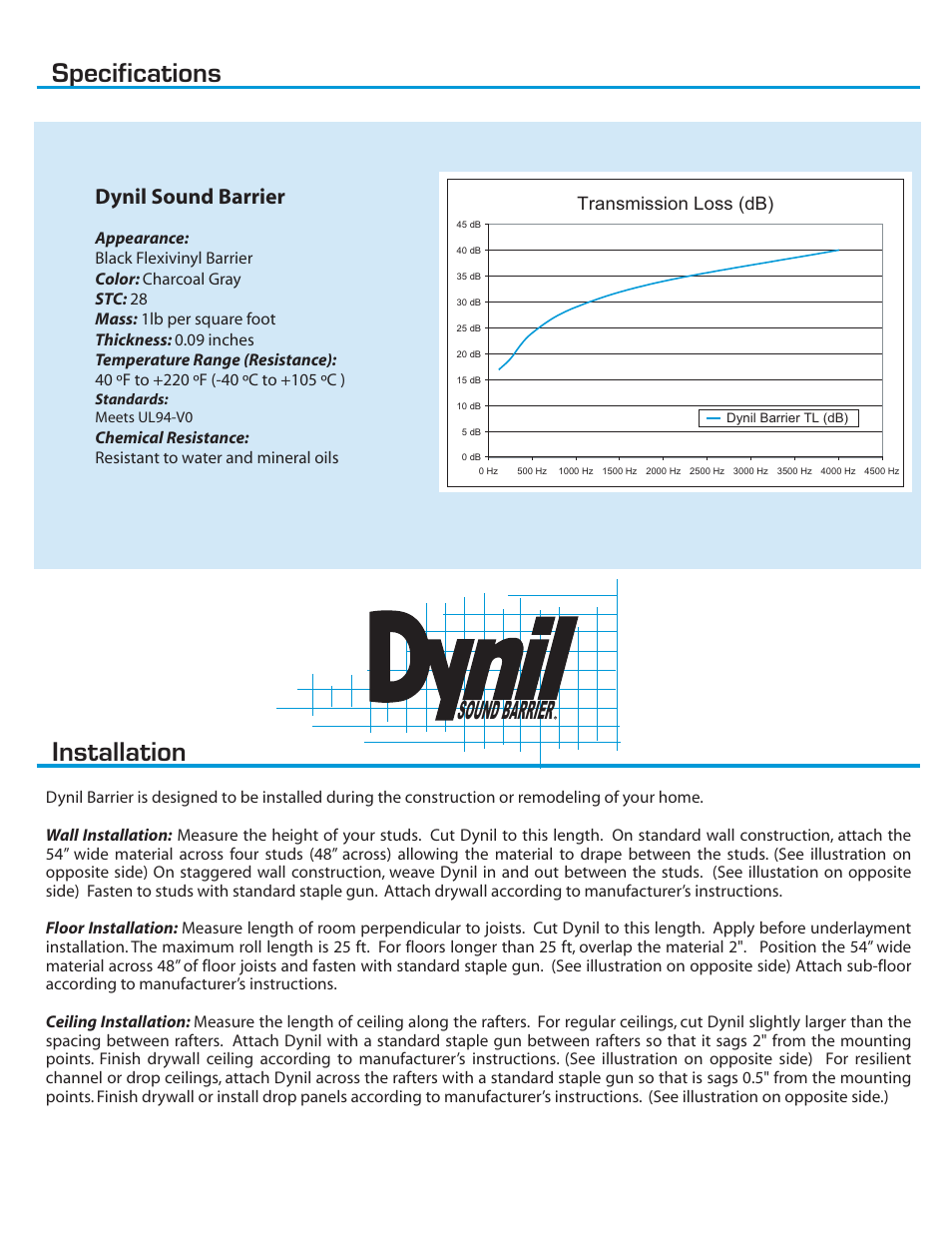 Specifications installation, Sound barrier, Dynil sound barrier | Transmission loss (db) | Dynamat DynilLit 50100 User Manual | Page 2 / 2