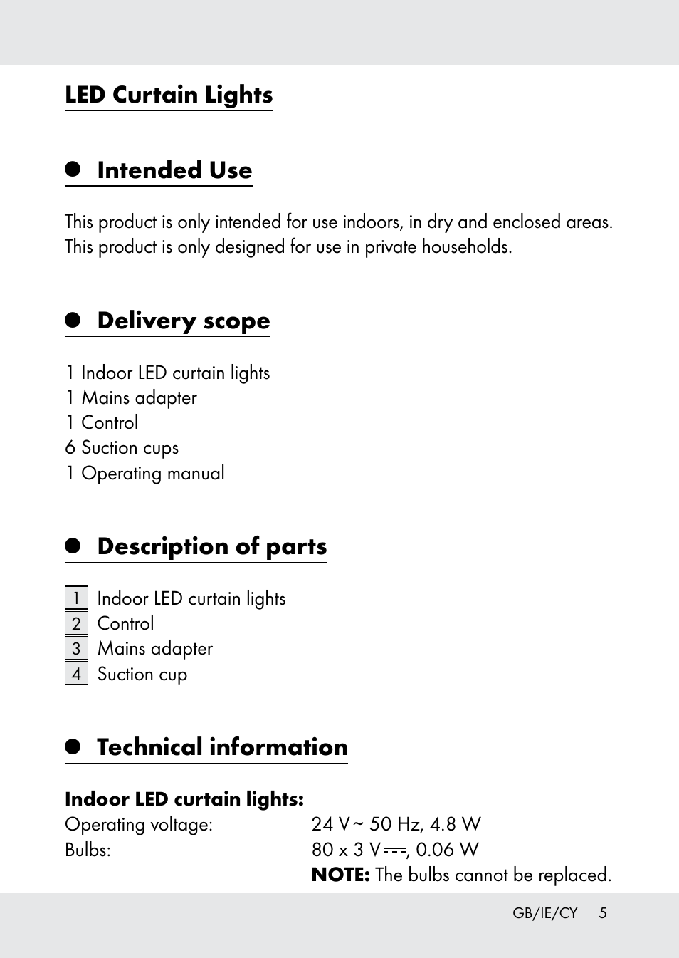 Led curtain lights, Intended use, Delivery scope | Description of parts, Technical information | Melinera Z31518-BS User Manual | Page 5 / 17