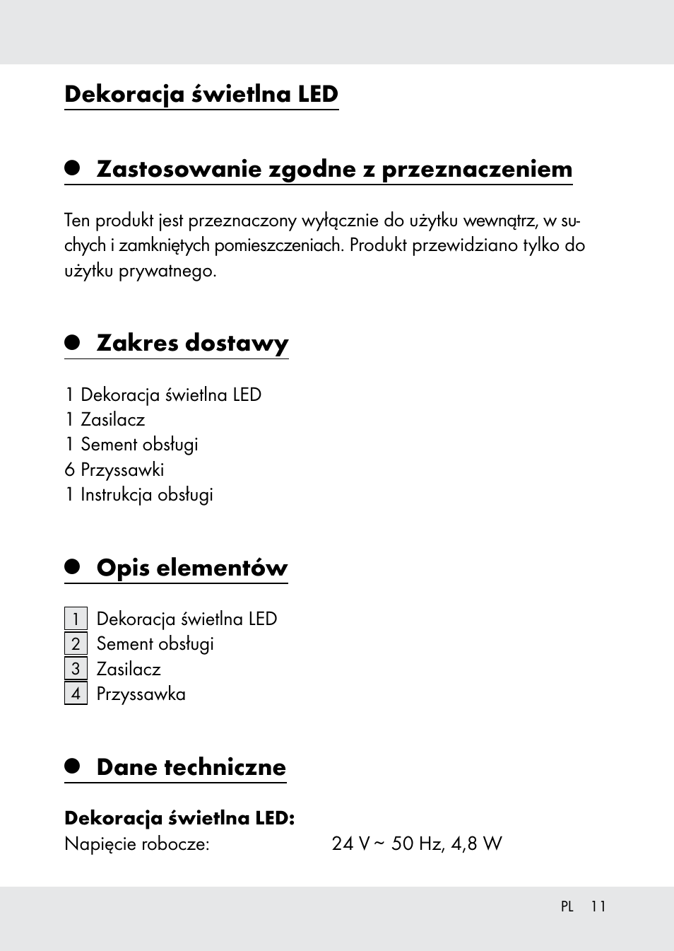 Dekoracja świetlna led, Zastosowanie zgodne z przeznaczeniem, Zakres dostawy | Opis elementów, Dane techniczne | Melinera Z31518-BS User Manual | Page 11 / 51