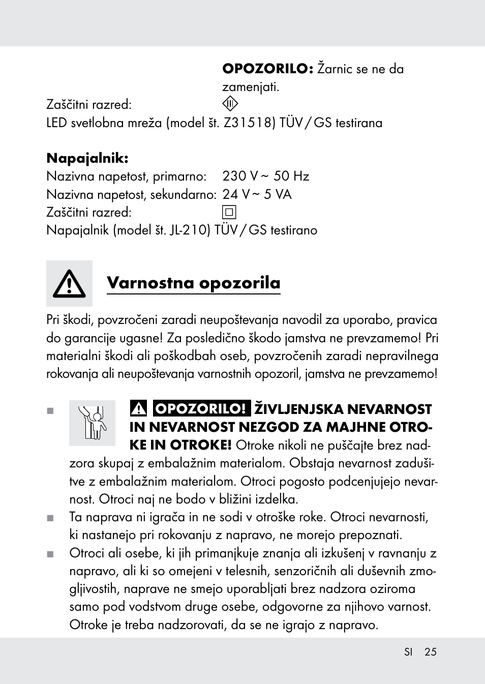 Varnostna opozorila | Melinera Z31518-BS User Manual | Page 25 / 51