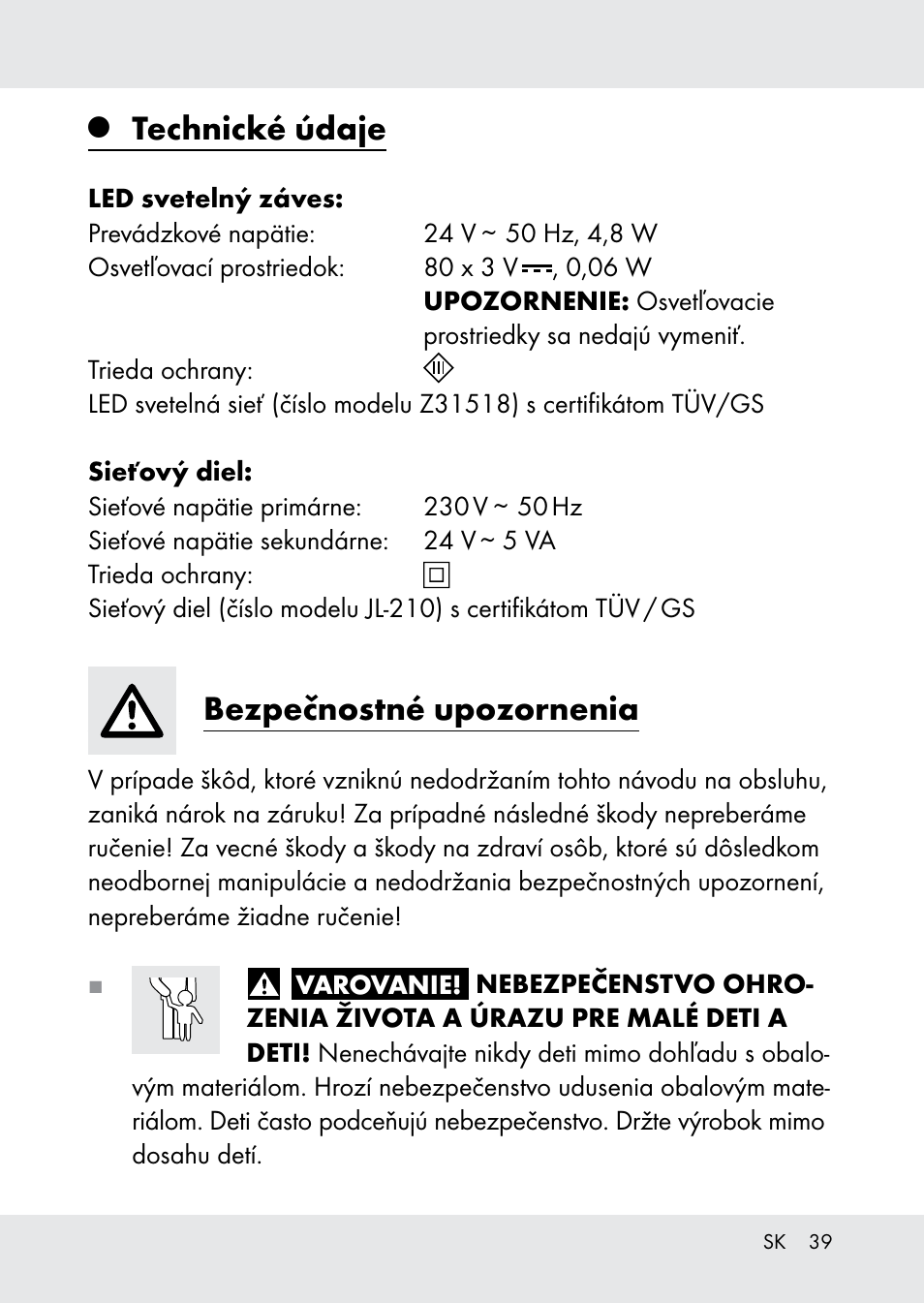 Technické údaje, Bezpečnostné upozornenia | Melinera Z31518-BS User Manual | Page 39 / 51