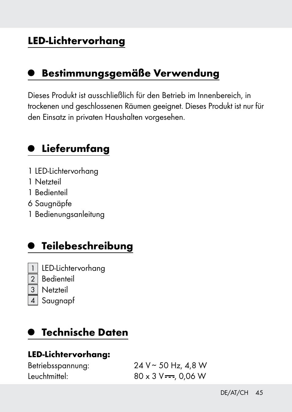 Led-lichtervorhang bestimmungsgemäße verwendung, Lieferumfang, Teilebeschreibung | Technische daten | Melinera Z31518-BS User Manual | Page 45 / 51