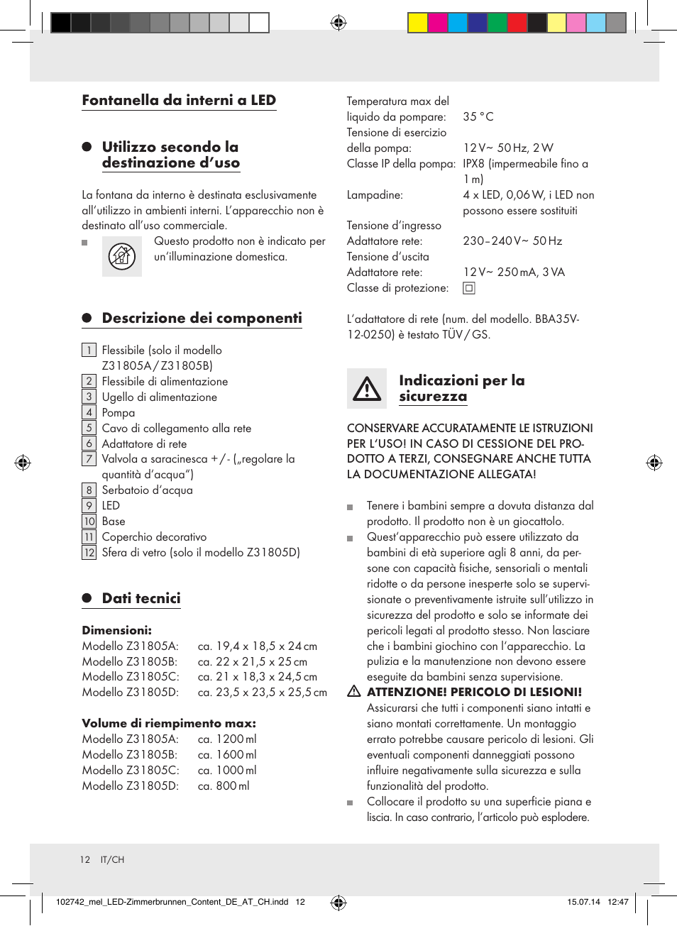 Descrizione dei componenti, Dati tecnici, Indicazioni per la sicurezza | Melinera Z31805A-BS/Z31805B-BS/Z31805D-BS User Manual | Page 12 / 16