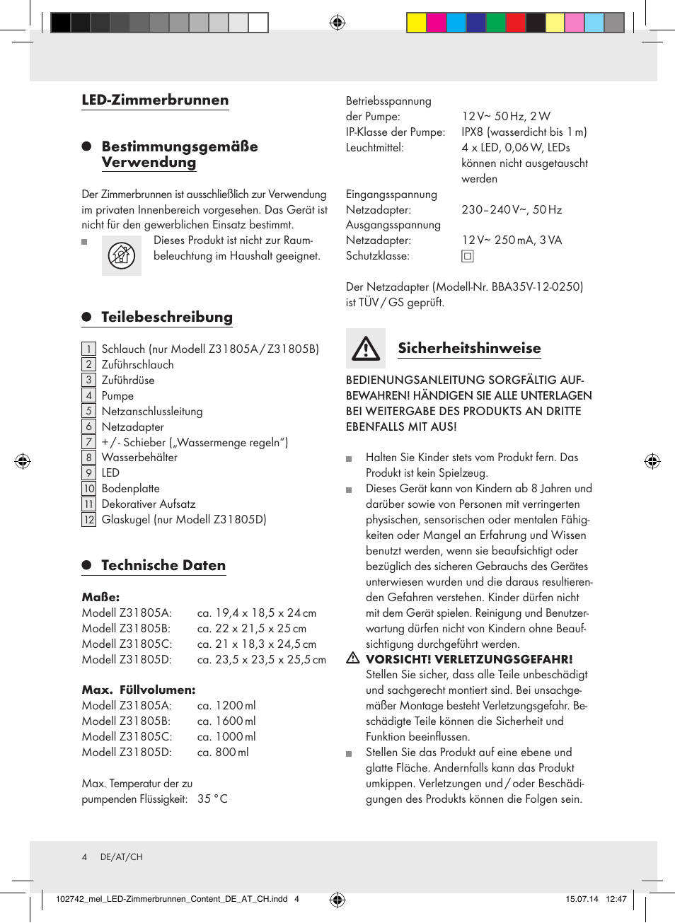 Led-zimmerbrunnen bestimmungsgemäße verwendung, Teilebeschreibung, Technische daten | Sicherheitshinweise | Melinera Z31805A-BS/Z31805B-BS/Z31805D-BS User Manual | Page 4 / 16