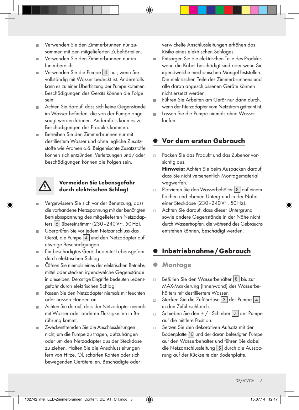 Vor dem ersten gebrauch, Inbetriebnahme / gebrauch, Montage | Melinera Z31805A-BS/Z31805B-BS/Z31805D-BS User Manual | Page 5 / 16