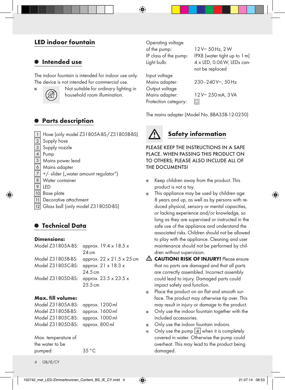 Led indoor fountain intended use, Parts description, Technical data | Safety information | Melinera Z31805A-BS/Z31805B-BS/Z31805D-BS User Manual | Page 4 / 12