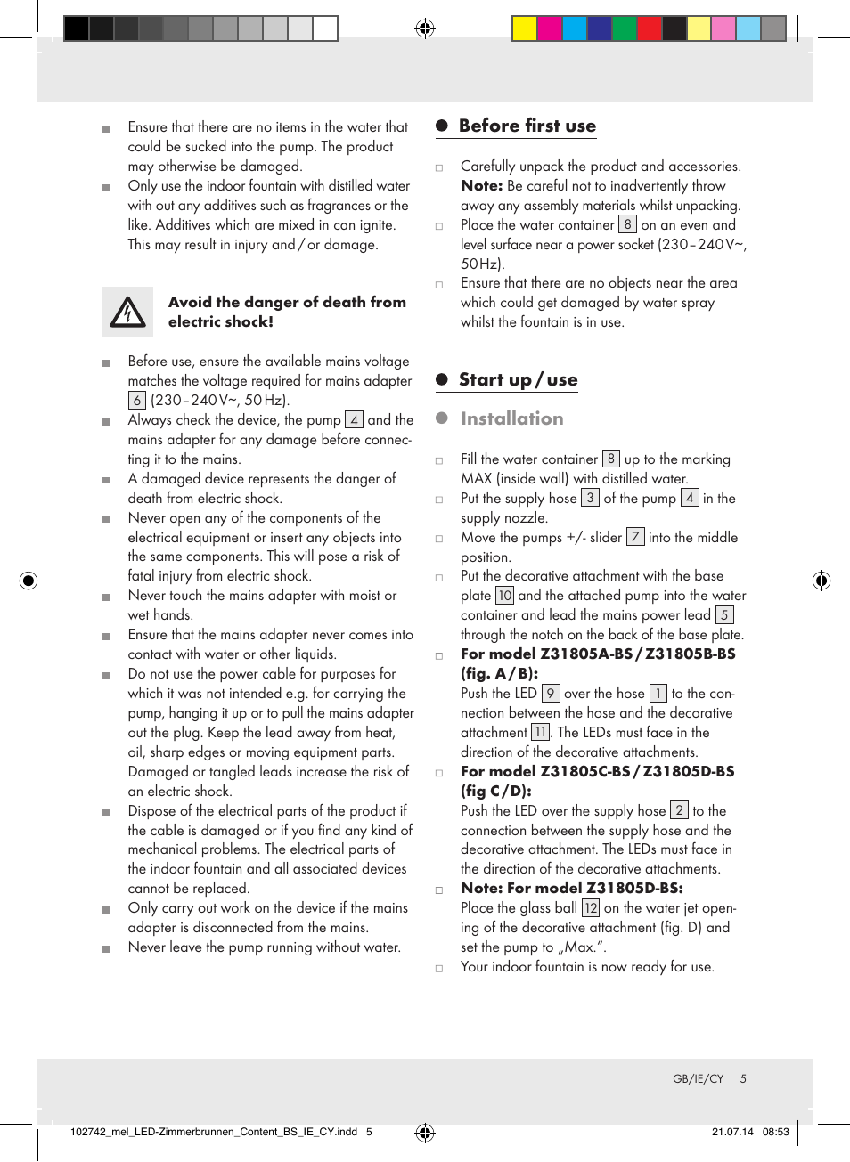 Before first use, Start up / use, Installation | Melinera Z31805A-BS/Z31805B-BS/Z31805D-BS User Manual | Page 5 / 12