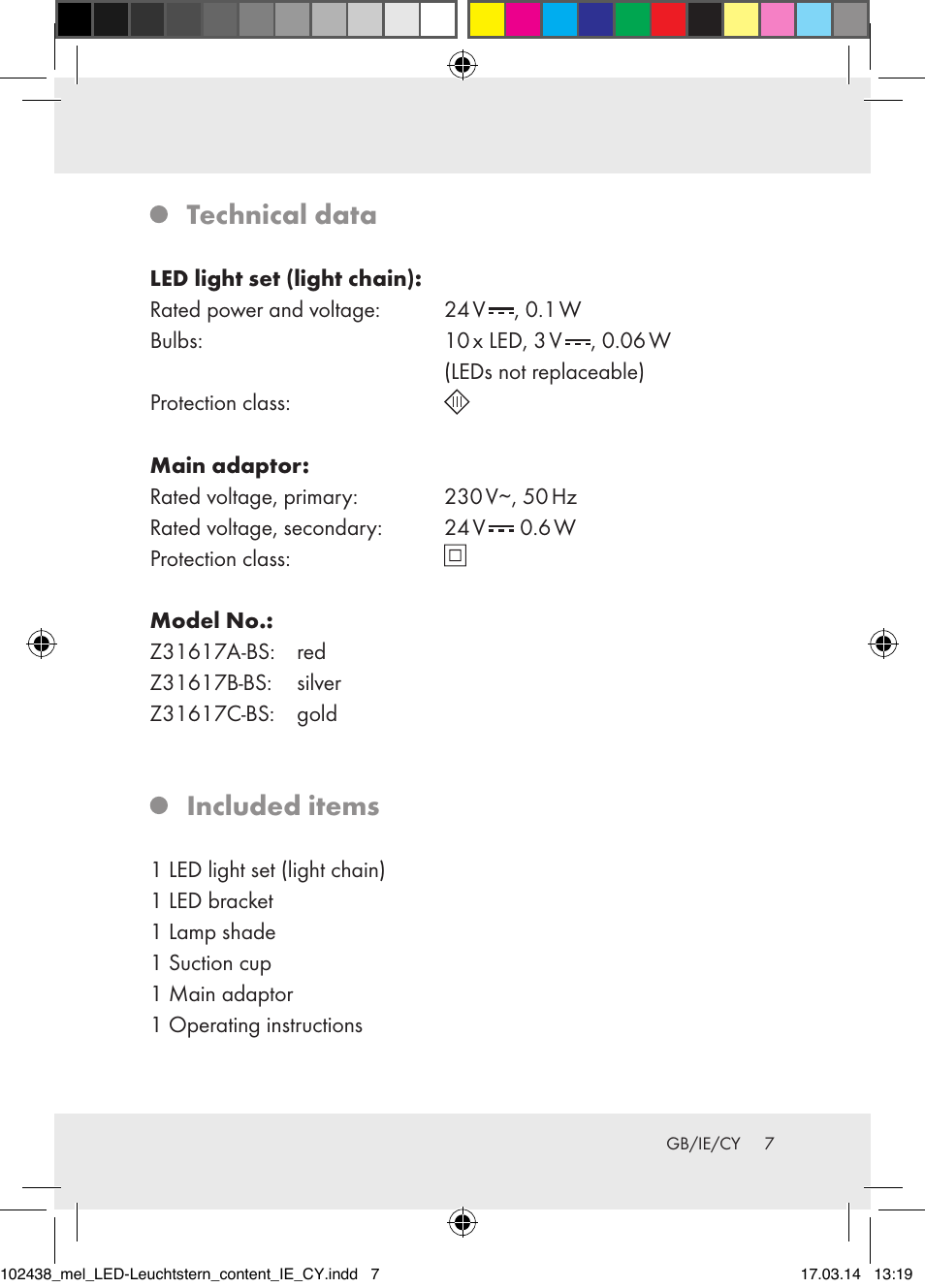 Technical data, Included items | Melinera Z31617A-BS/Z31617B-BS/ Z31617C-BS User Manual | Page 7 / 21