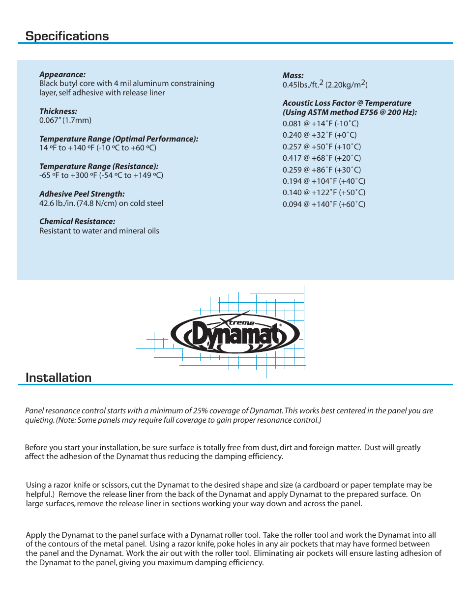 Specifications installation | Dynamat 50455 User Manual | Page 2 / 2