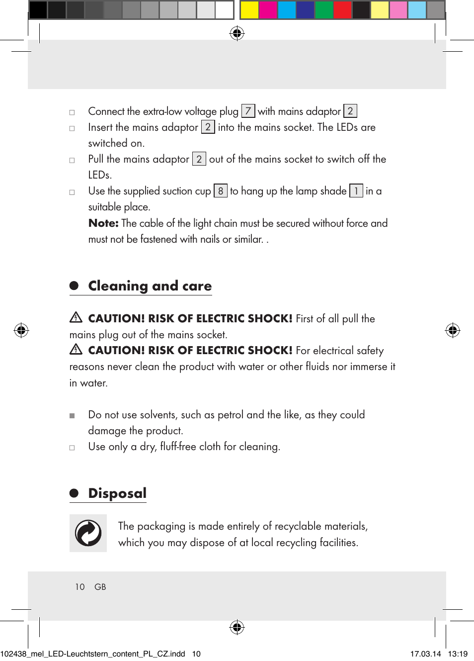 Cleaning and care, Disposal | Melinera Z31617A-BS/Z31617B-BS/ Z31617C-BS User Manual | Page 10 / 36