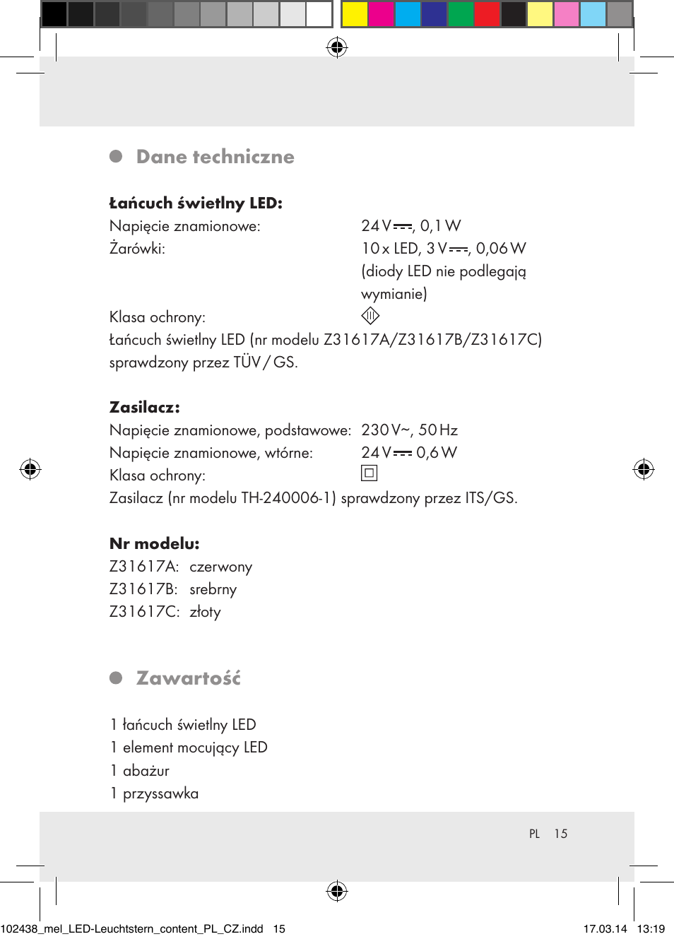 Dane techniczne, Zawartość | Melinera Z31617A-BS/Z31617B-BS/ Z31617C-BS User Manual | Page 15 / 36