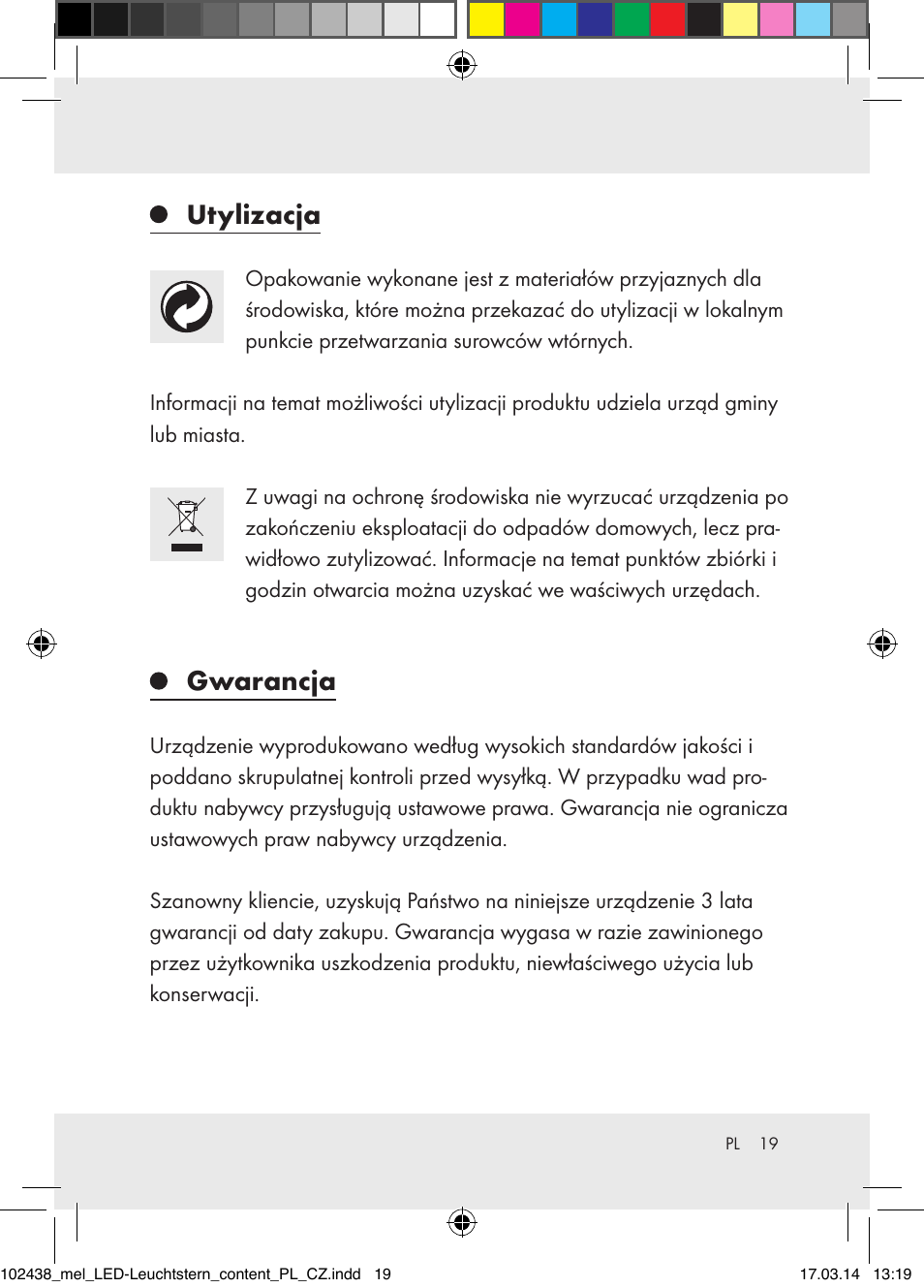 Utylizacja, Gwarancja | Melinera Z31617A-BS/Z31617B-BS/ Z31617C-BS User Manual | Page 19 / 36