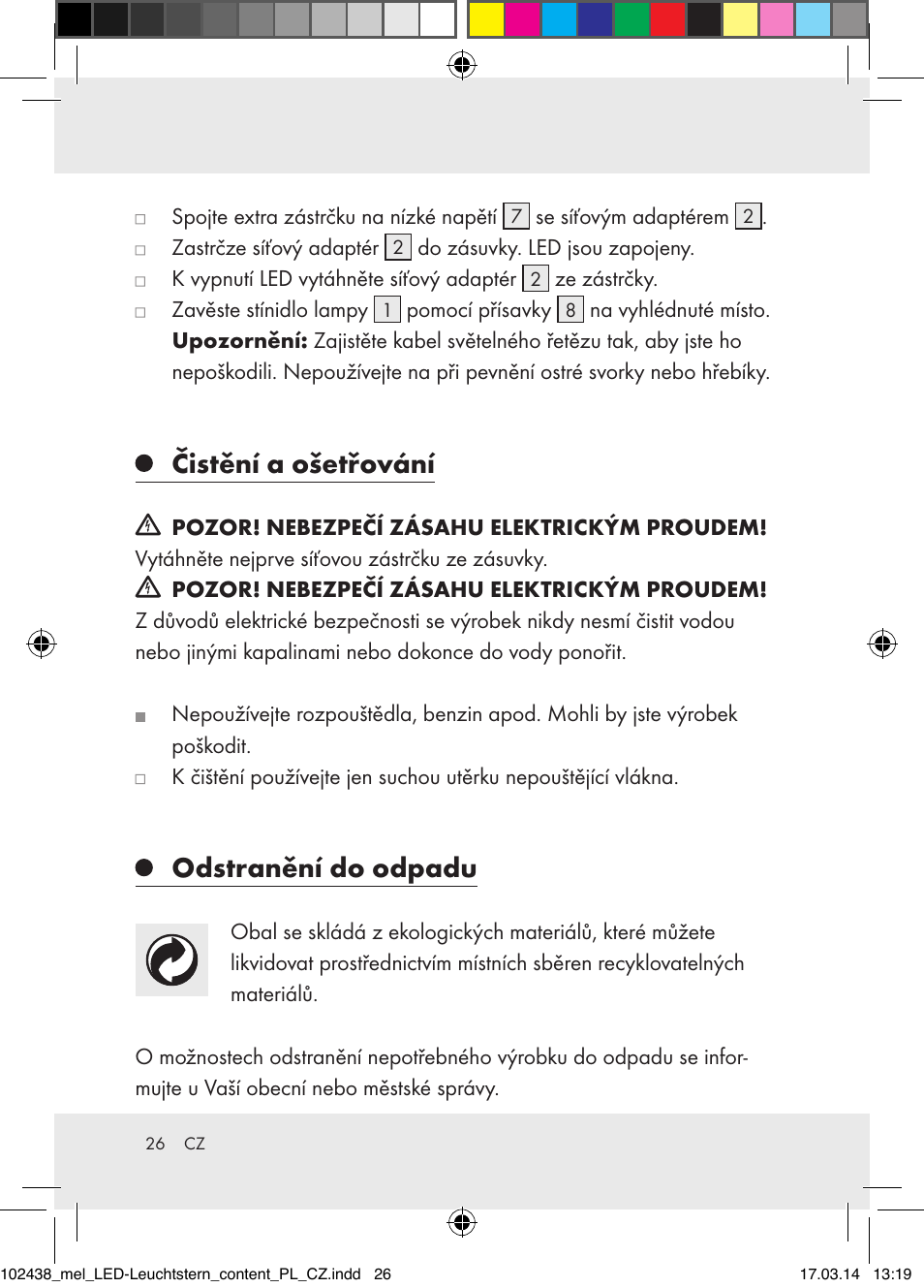 Čistění a ošetřování, Odstranění do odpadu | Melinera Z31617A-BS/Z31617B-BS/ Z31617C-BS User Manual | Page 26 / 36